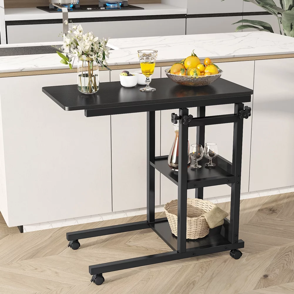 Tribesigns Overbed Bedside C Table Small Computer Desk Table Sofa Table with Storage Shelves,Mobile Couch Table Tray Snack TV Laptop Bedside Table with Wheels