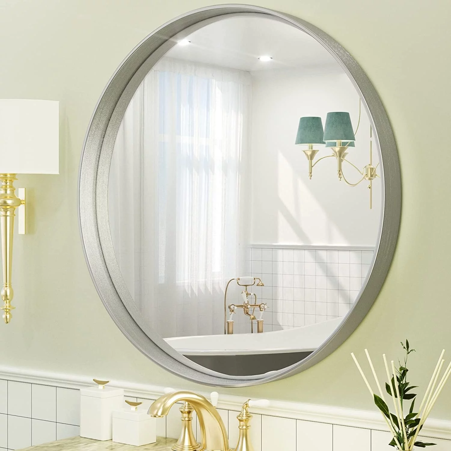 Tetote Round Metal Frame Mirror Wall Mounted Bathroom Vanity Mirror Silver 30 IN Silver
