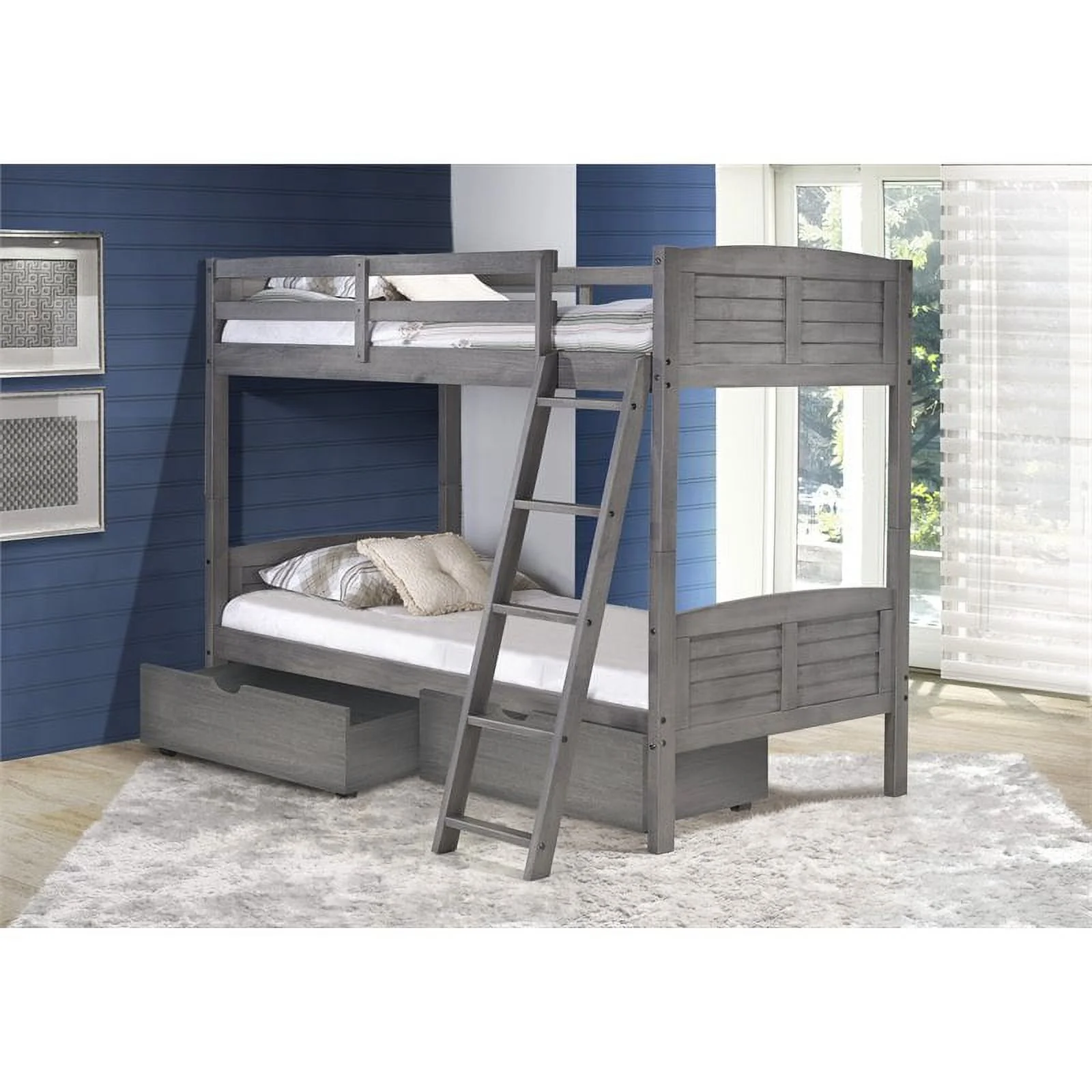 Donco Kids PD-2010TTAG-505 Twin Over Twin Louver Bunk Bed with Dual Storage Drawers - Antique Grey