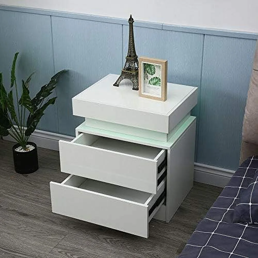 KHBIULIFE Nightstand with 3 Drawers & Led Backlight Bedside Bed Side Table Night Stand End Table Dresser for Bedroom Living Room 17.7x13.7x20.4 Inch (White)