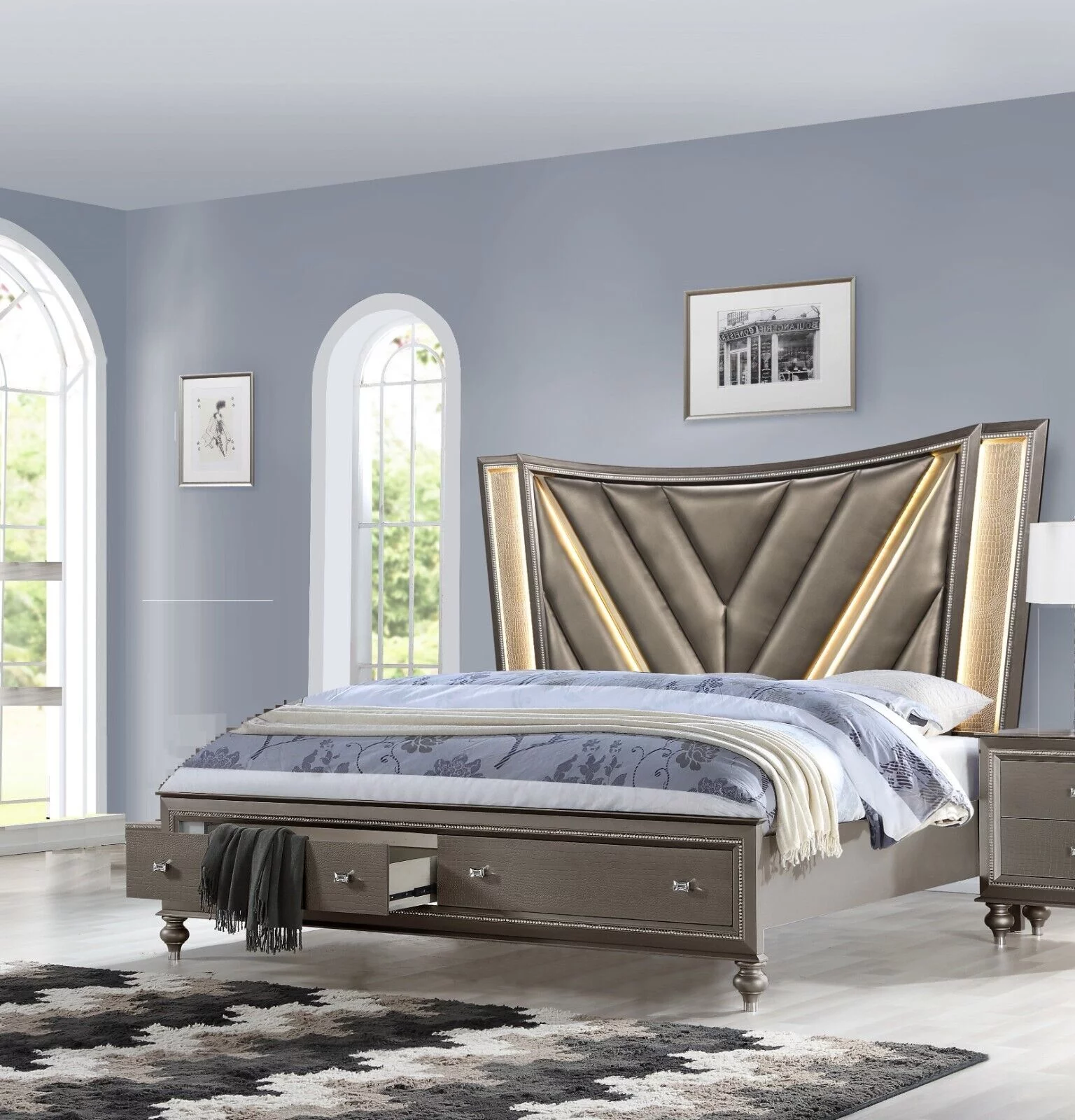 4pc Luxury King Size LED Bed Charcoal Finish Solid Wood Master Bedroom Furniture