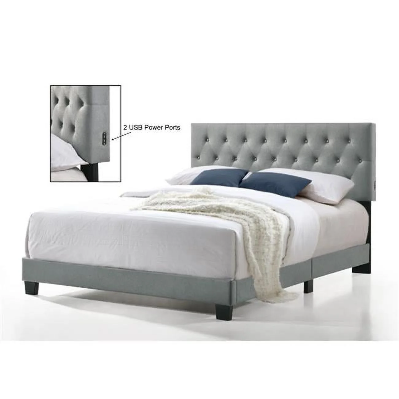 Royale Tufted Queen Bed with USB Power Connection - Grey