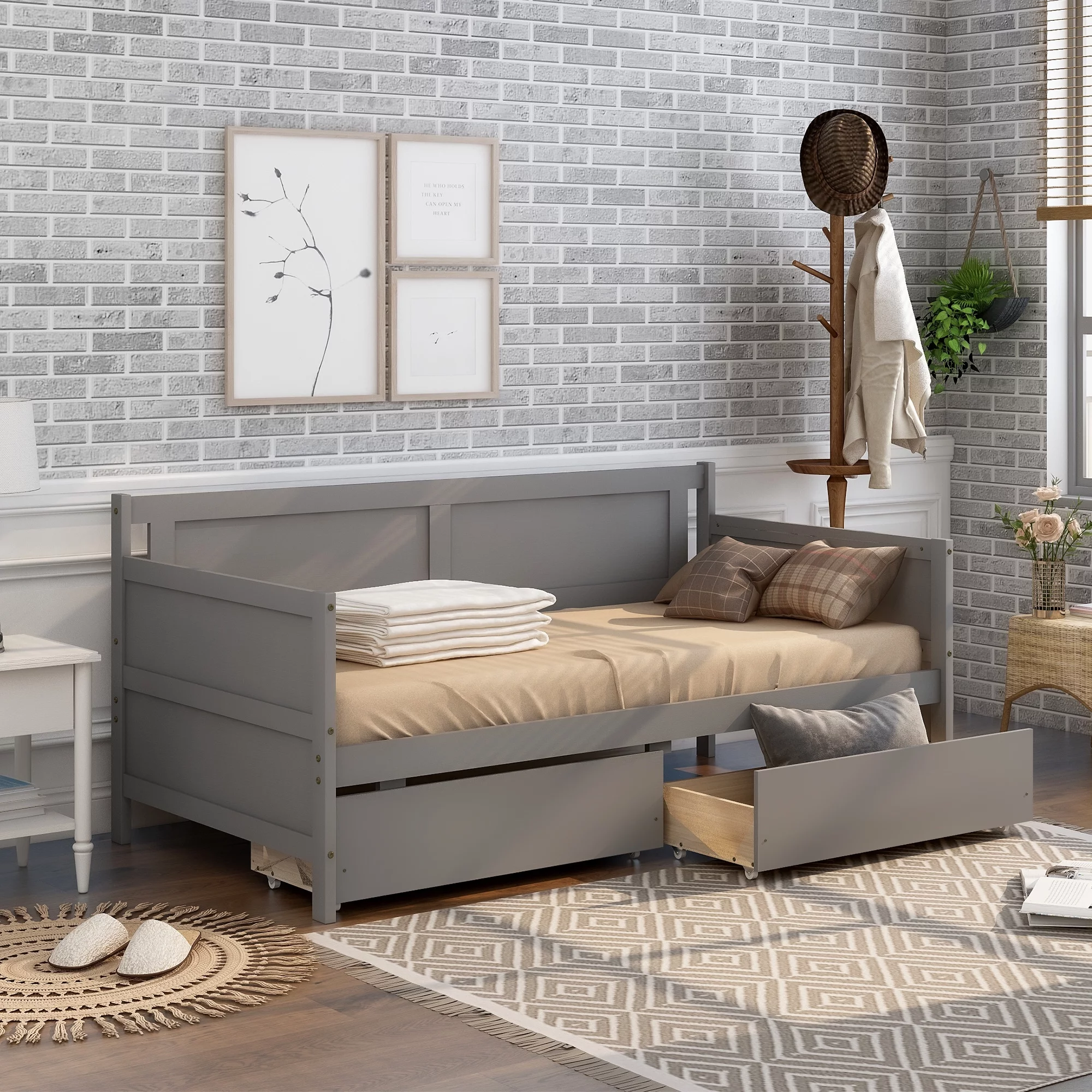 CoSoTower Daybed With Two Drawers, Twin Size Sofa Bed, Storage Drawers For Bedroom, Living Room, Grey