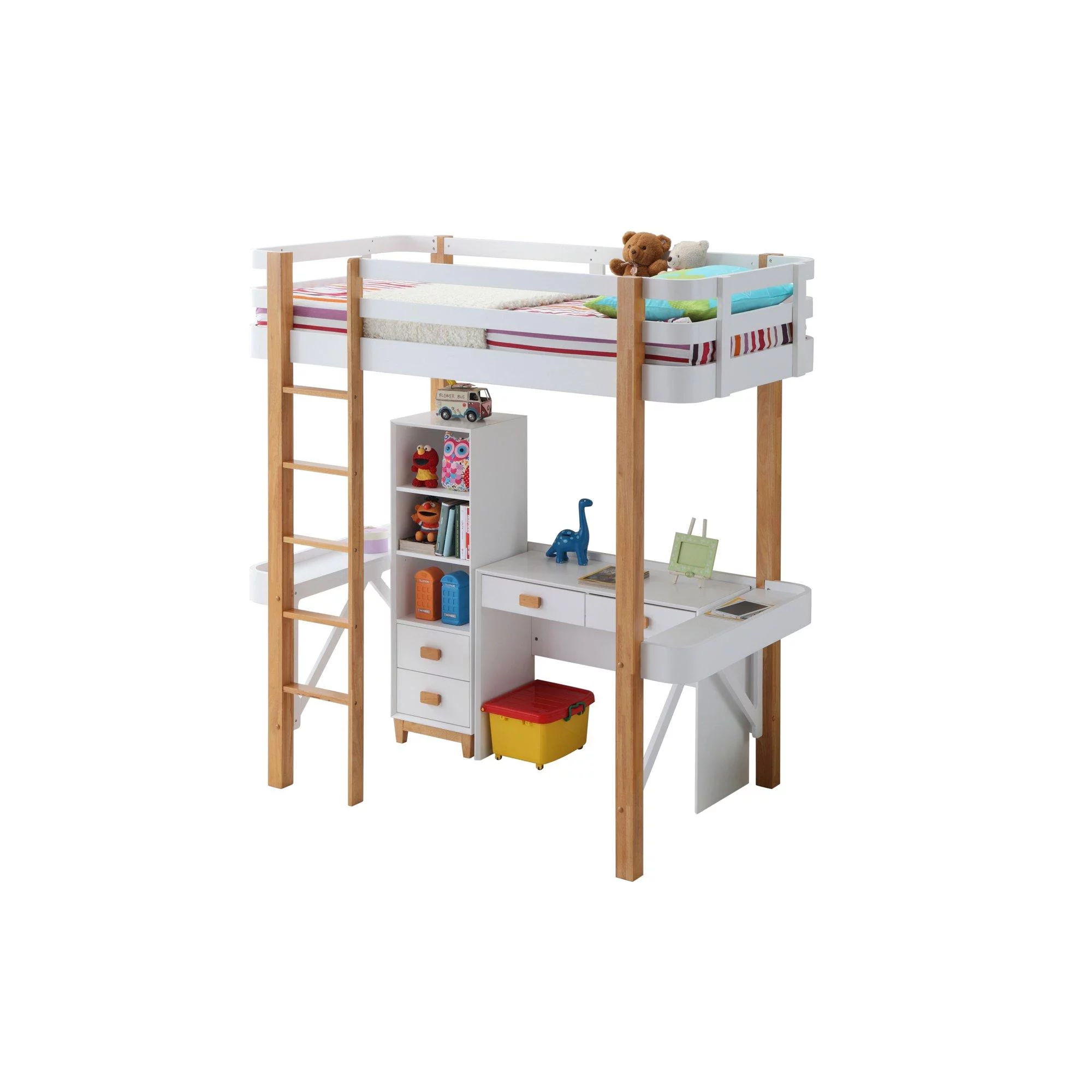 White & Natural Twin Loft Bed + Desk + Bookshelf by Rutherford 37970-3pcs
