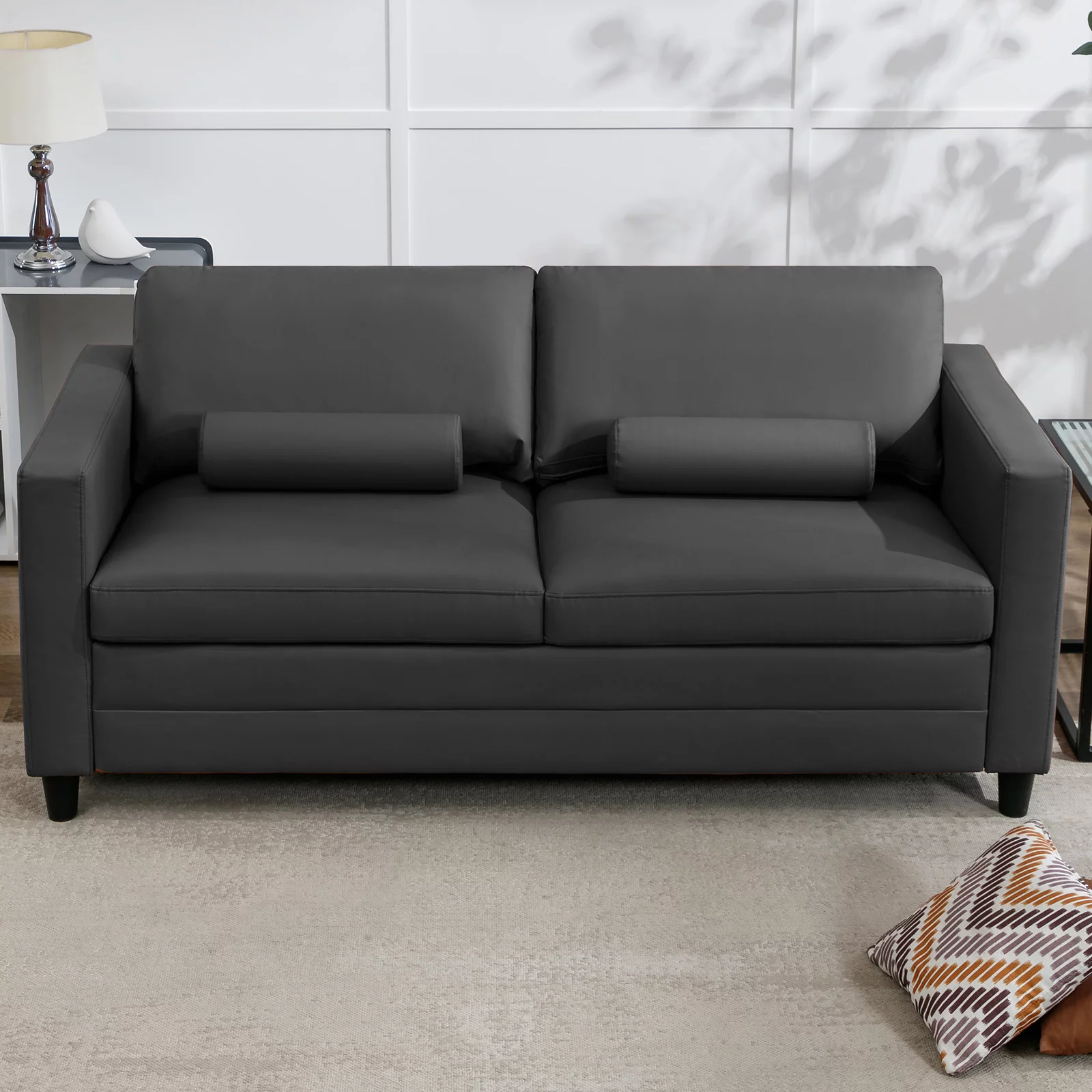 ZAFLY 2-in-1 Queen Size Pull Out Sofa Bed | Convertible Sleeper Sofa with Fold Out Mattress | Leather Loveseat Futon Couches for Living Room - Charcoal Grey