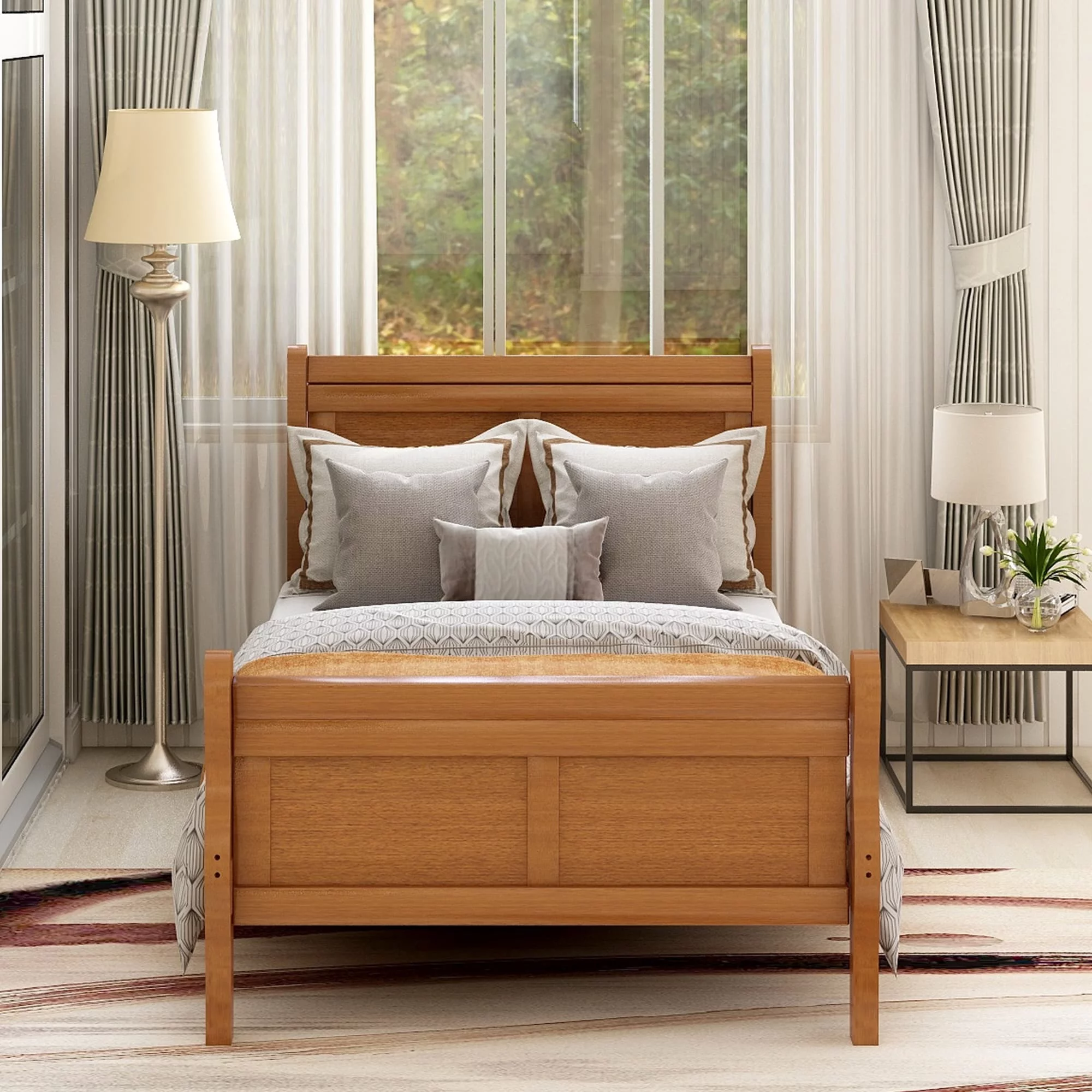 Nestfair Twin Wood Platform Bed with Headboard and Footboard Oak