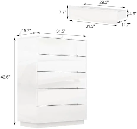 GEROBOOM High Gloss Dresser with Lights Chest of Drawers  Glossy 5 Drawer Dresser with Curved Edge  Modern Dresser for Bedroom White (31.5\u201DW x 15.7\u201DD x 42.6\u201DH)