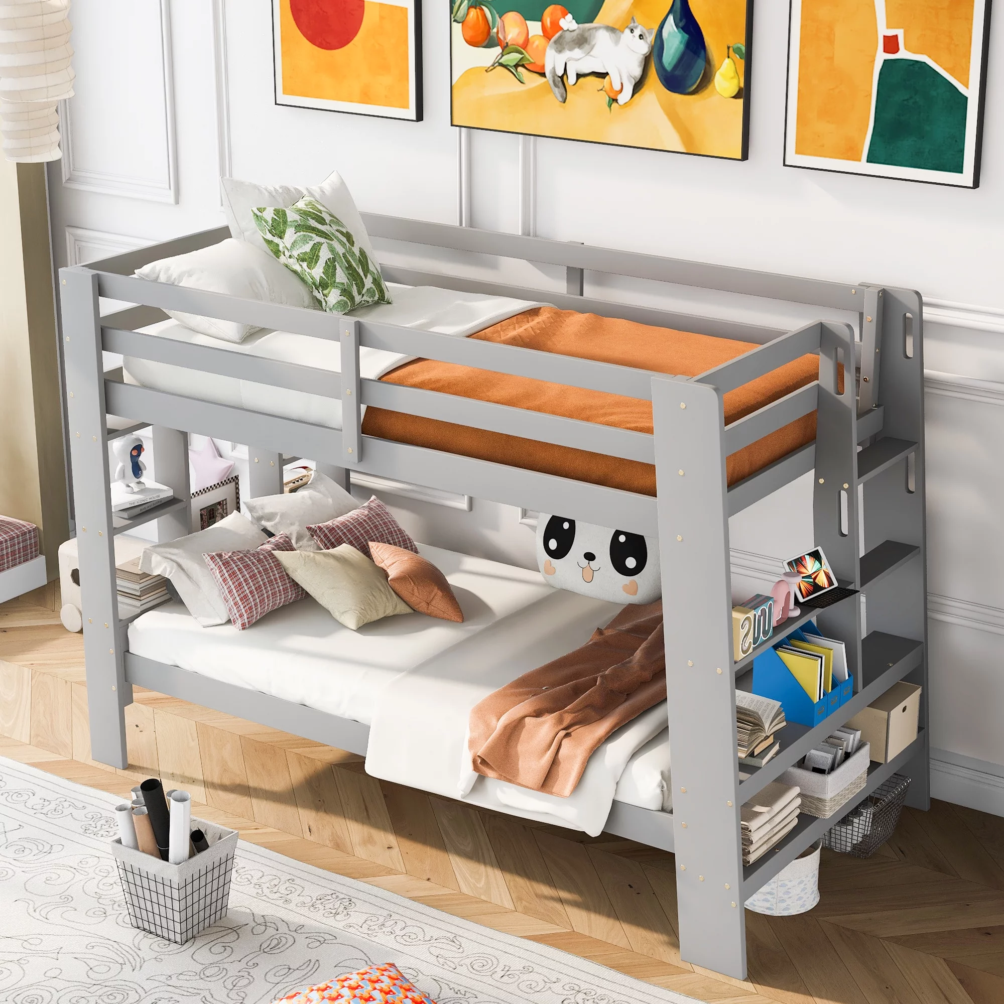 Wood Bunk Twin Over Twin, Bunk Bed with Ladder & Safety Guardrail, Solid Wood Bed Frame for Dormitory & Multiple-Child Family, Bunk Bed with Shelves and Built-in Ladder(Gray, Twin over Twin)