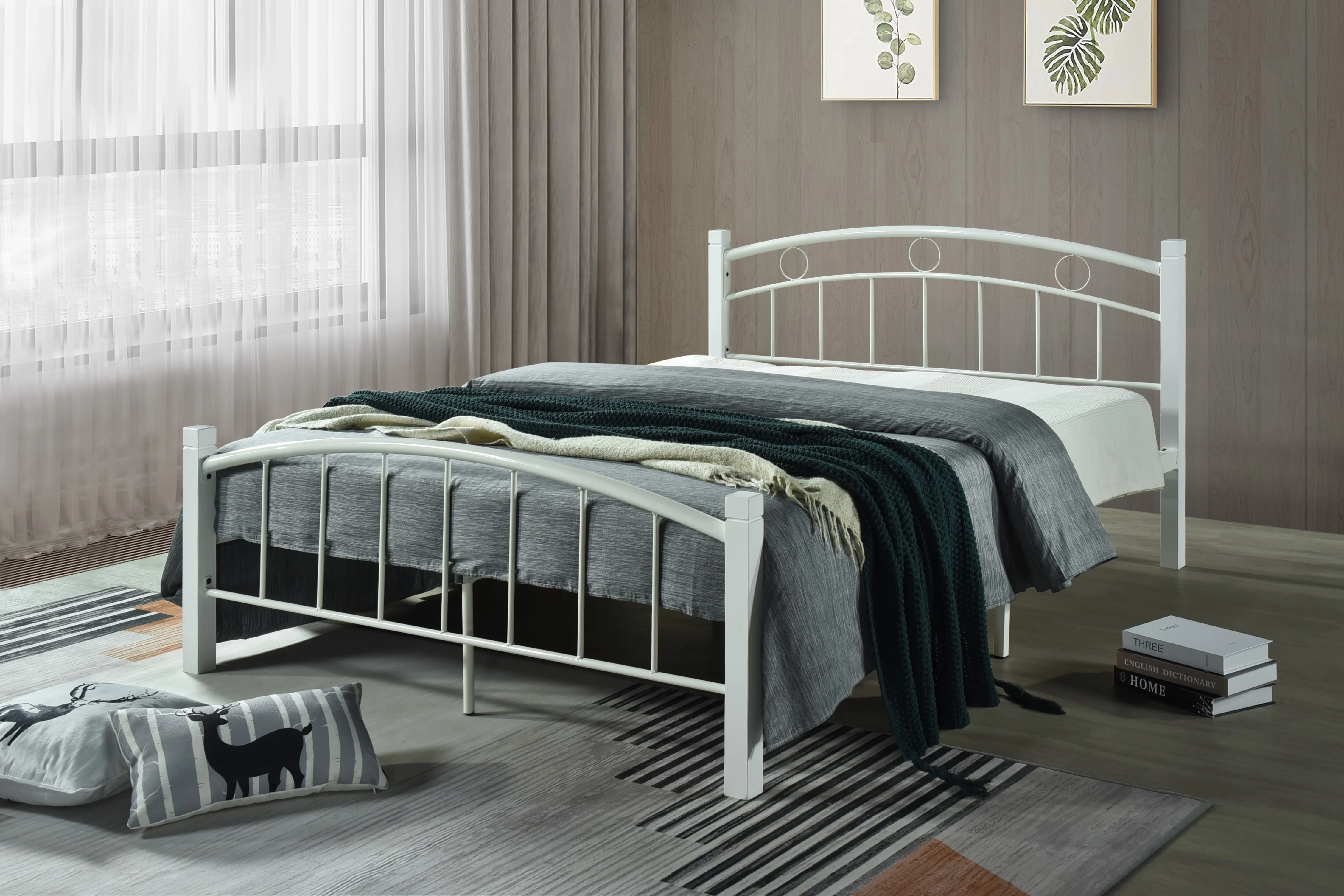 Hodedah Complete White Metal Platform Bed with Headboard and Footboard in Queen Size