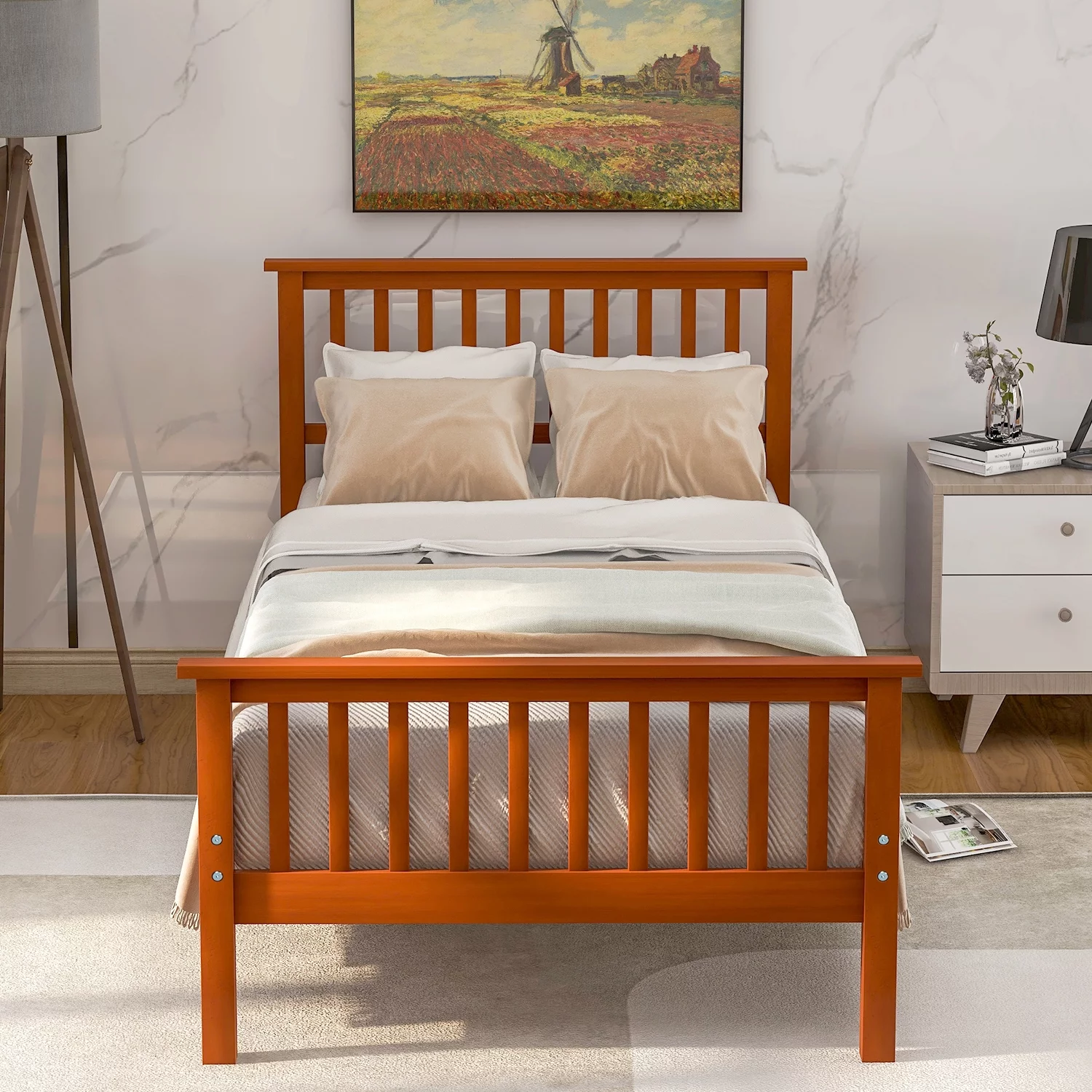 Nestfair Oak Twin Wood Platform Bed with Headboard and Footboard