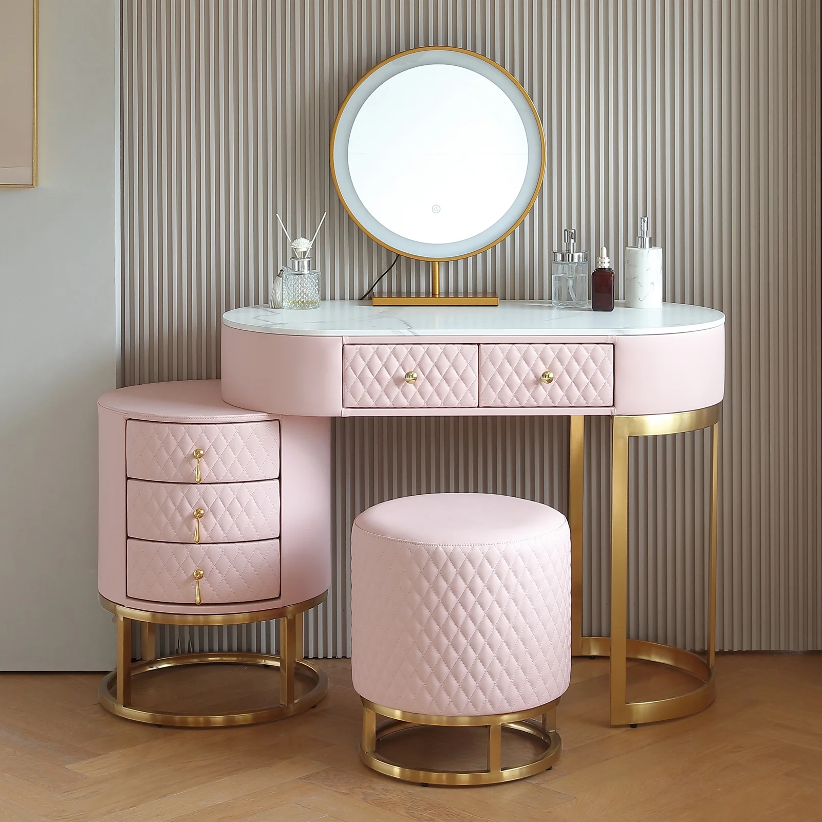 FUKAYI Luxury Makeup Vanity Desk Set with Lighted Mirror & Drawers Dressing Table with Stool, Pink