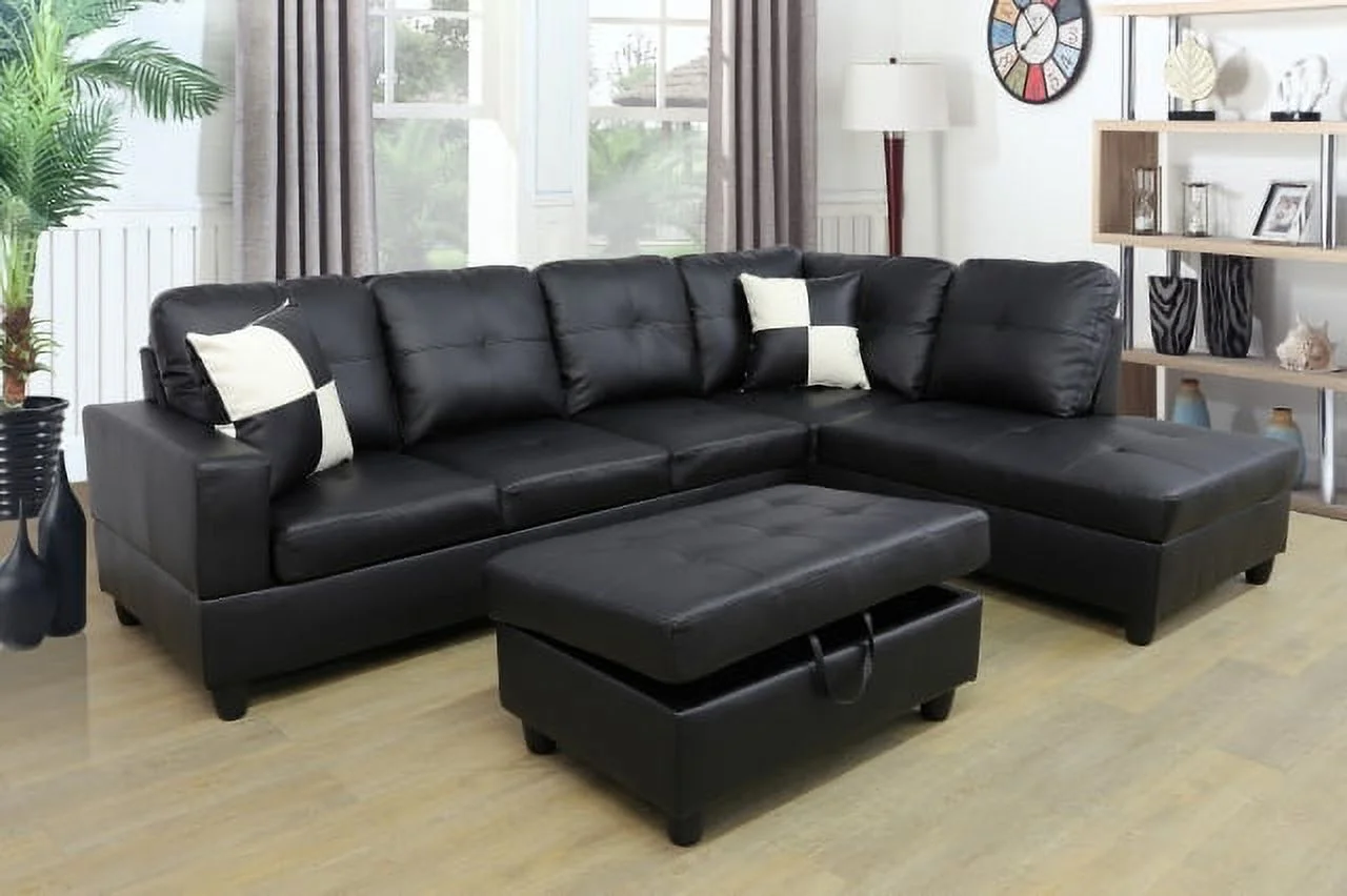 PonLiving Furniture Frame 103.5'' Left or Right Facing Sleeper Sectional with Storage Ottoman, Living Room Sectional Couches Set, Red Leather Sectional Sofa
