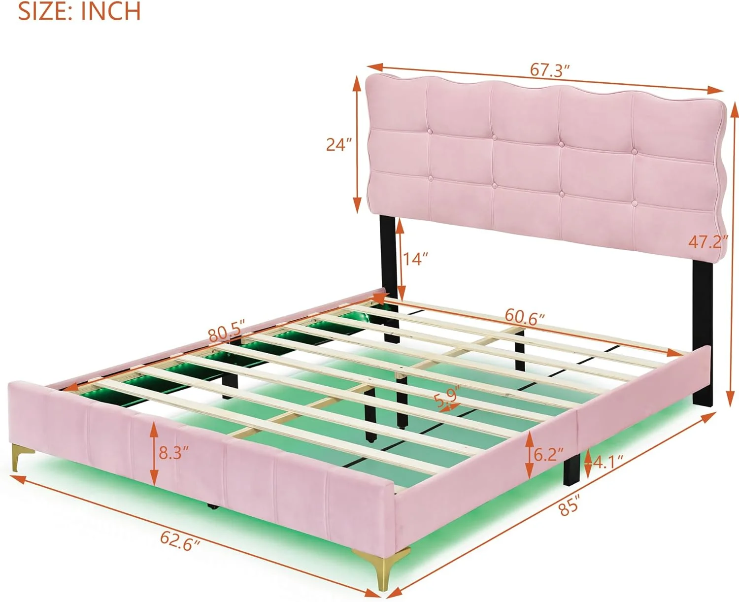 Upholstered Queen Size Bed with LED Lights, Modern Velvet Upholstered Platform Bed with Headboard and Stylish Mental Bed Legs, No Box Spring Needed/Easy Assembly