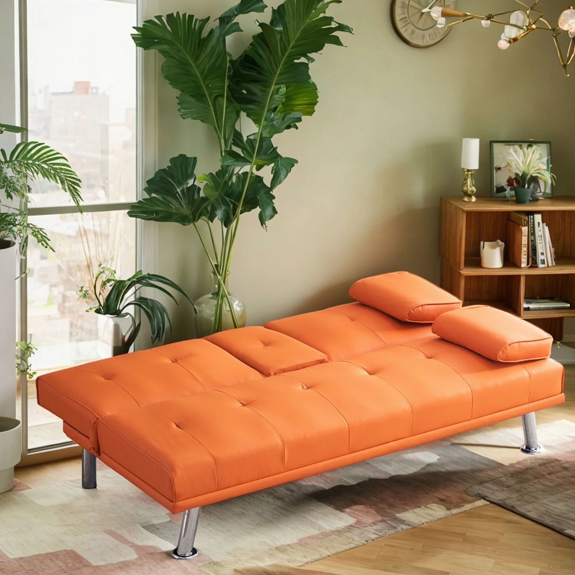 67-Inch PU Multifunctional Double Folding Sofa Bed with Coffee Table Premium Leather, Sturdy Construction, and Easy Assembly (Orange)