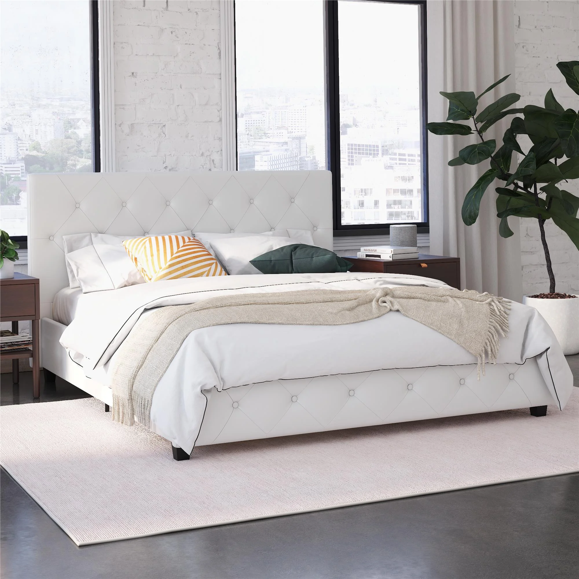 DHP Dakota Upholstered Bed with Signature Sleep Tranquil 8-Inch Pocket Spring Mattress, Full, White