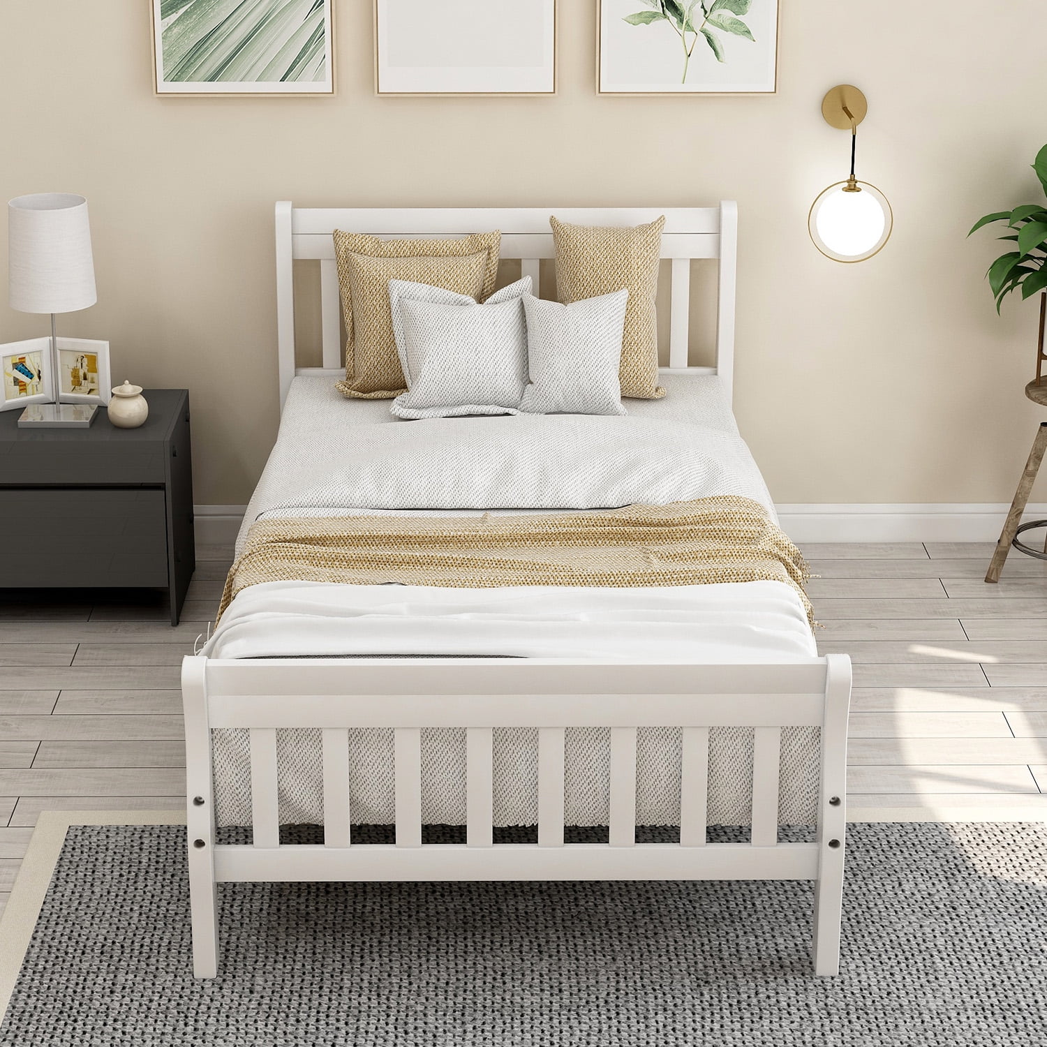 Gewnee Wood Twin Size Platform Bed Frame with Headboard and Footboard ,White