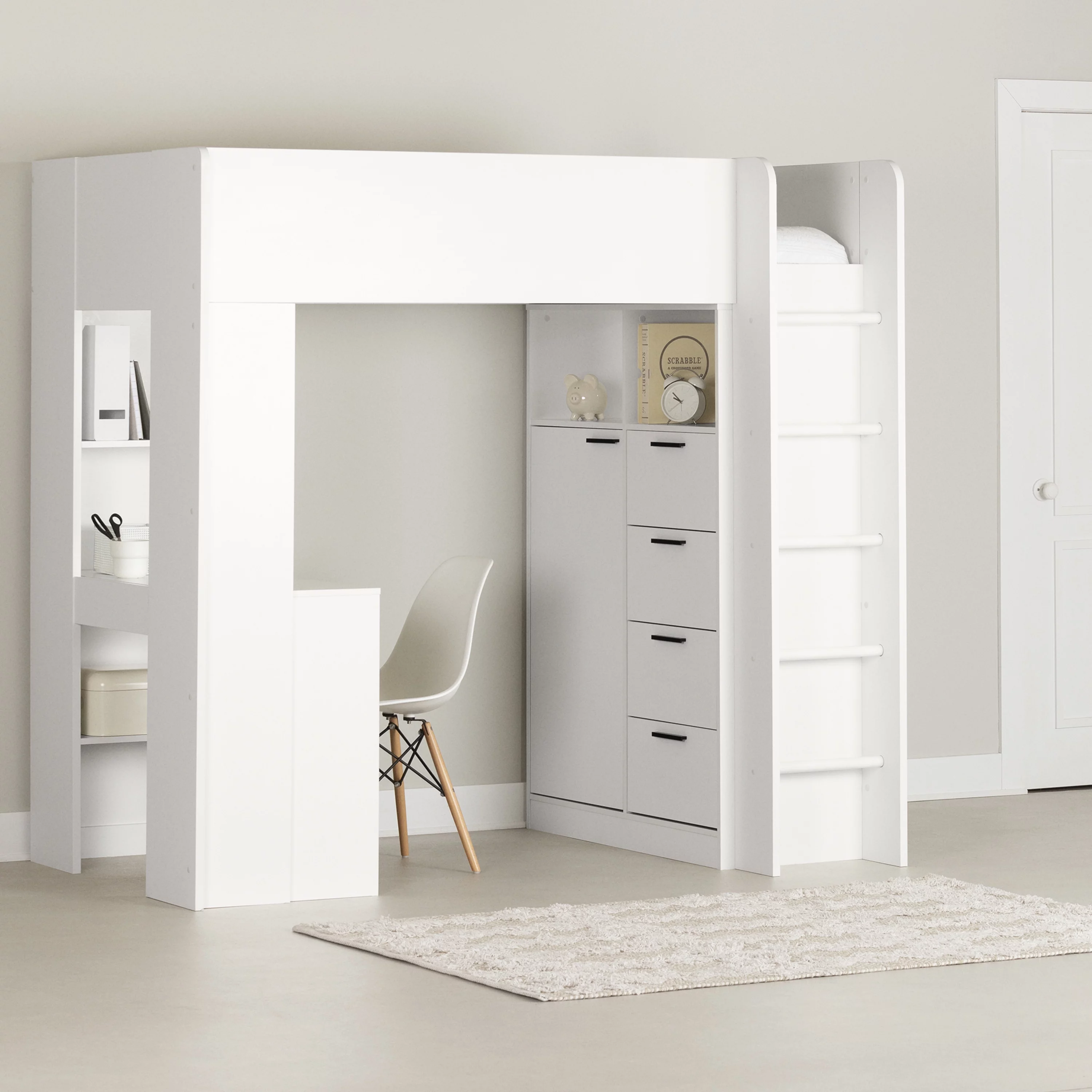 South Shore Logik, Scandinavian Loft Bed with Desk, Pure White