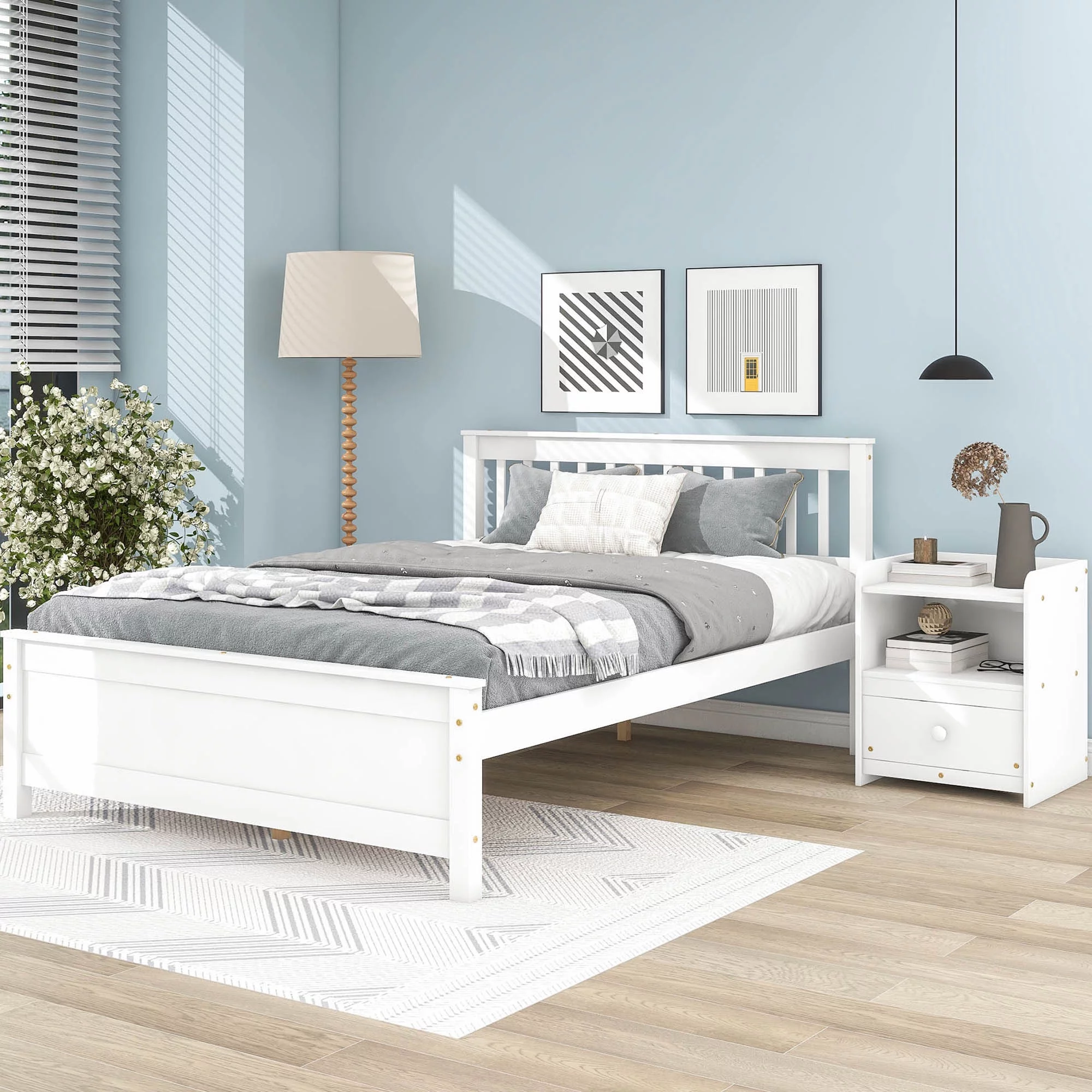2 Piece Full Size Platform Bed Frame Set with A Nightstand, Headboard and Footboard, Modern Wood Bedside Table with Drawer Storage, White