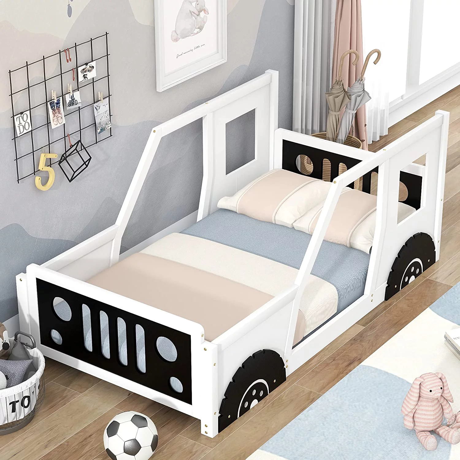 Floor Bed Size Car-Shaped Platform With Wheels, Montessori Frame Fence And Door, Solid Wood For Kids Boys Girls, Slats Included, No Box Spring Needed ( Size, White)