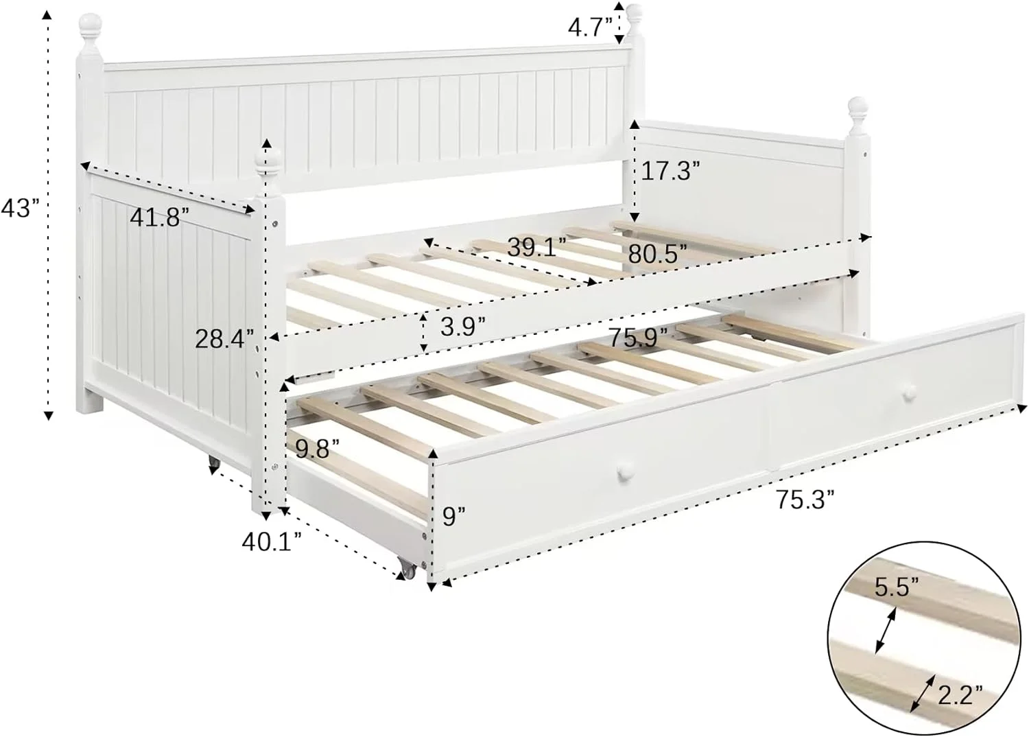 Size Daybed With Trundle, Wood Trundle Daybed Frame, Dual-Use Daybed Sofa Bed For Living Room,Guest Room,Children Room, No Box Spring Needed,White