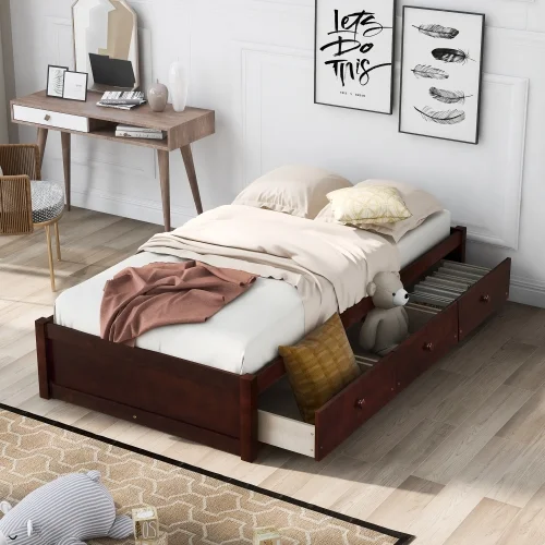 CHURANTY Twin Storage Bed with 3 Drawers, Solid Wood Platform Bed Frame with Storage for Bedroom Living Room, Wood Slat Support / No Box Spring Needed