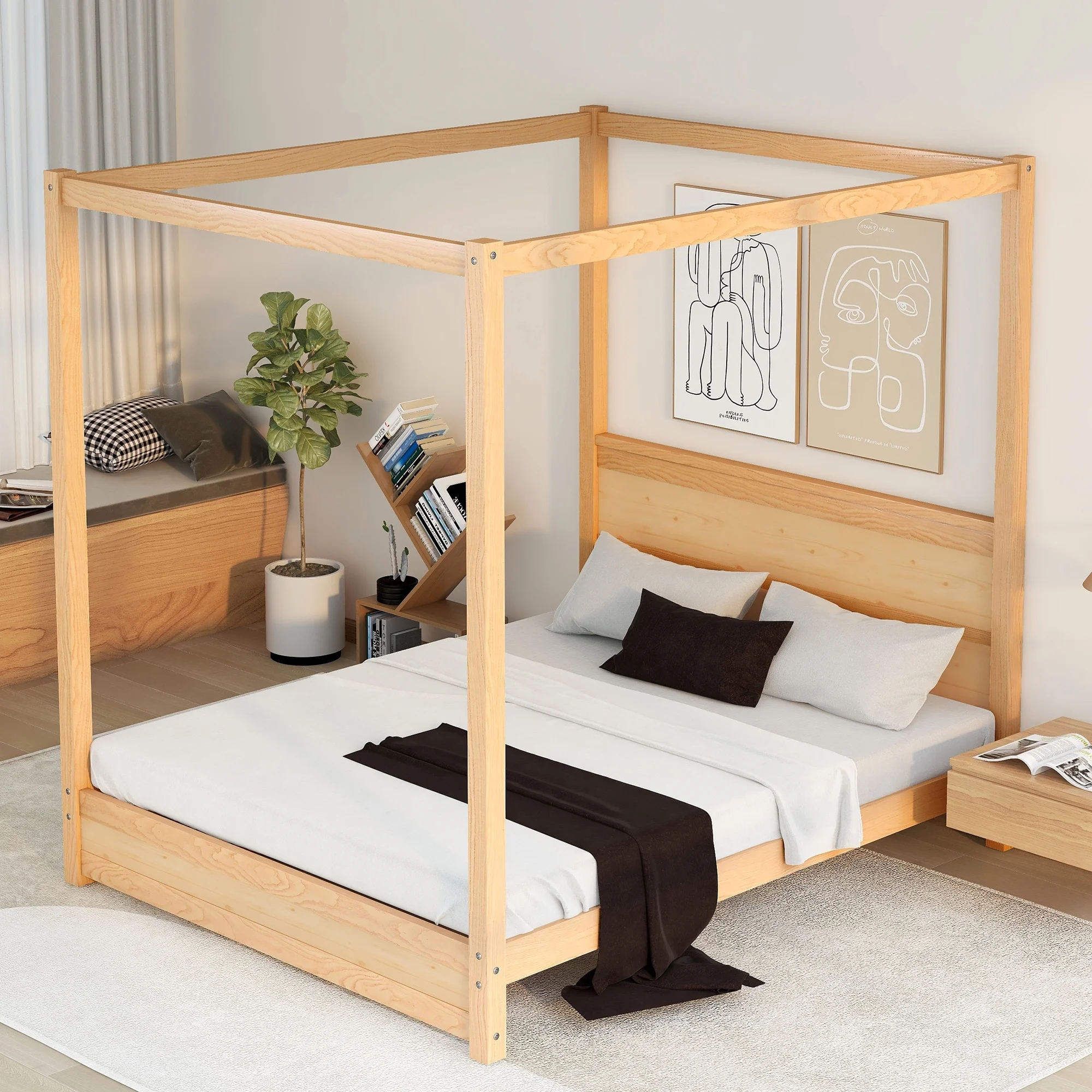 Dcenta Queen Size Canopy Platform Bed with Headboard and Support Legs,Natural