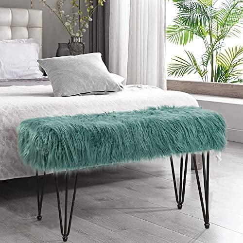 Oil Blue Mongolian Faux Fur Ottoman, 46'' X 16'' X 22'', Cozy Plush Fluffy Ottoman Foot Rest Stool For Living Room Bedroom Entryway Makeup Bench End Of Bed Home Décor