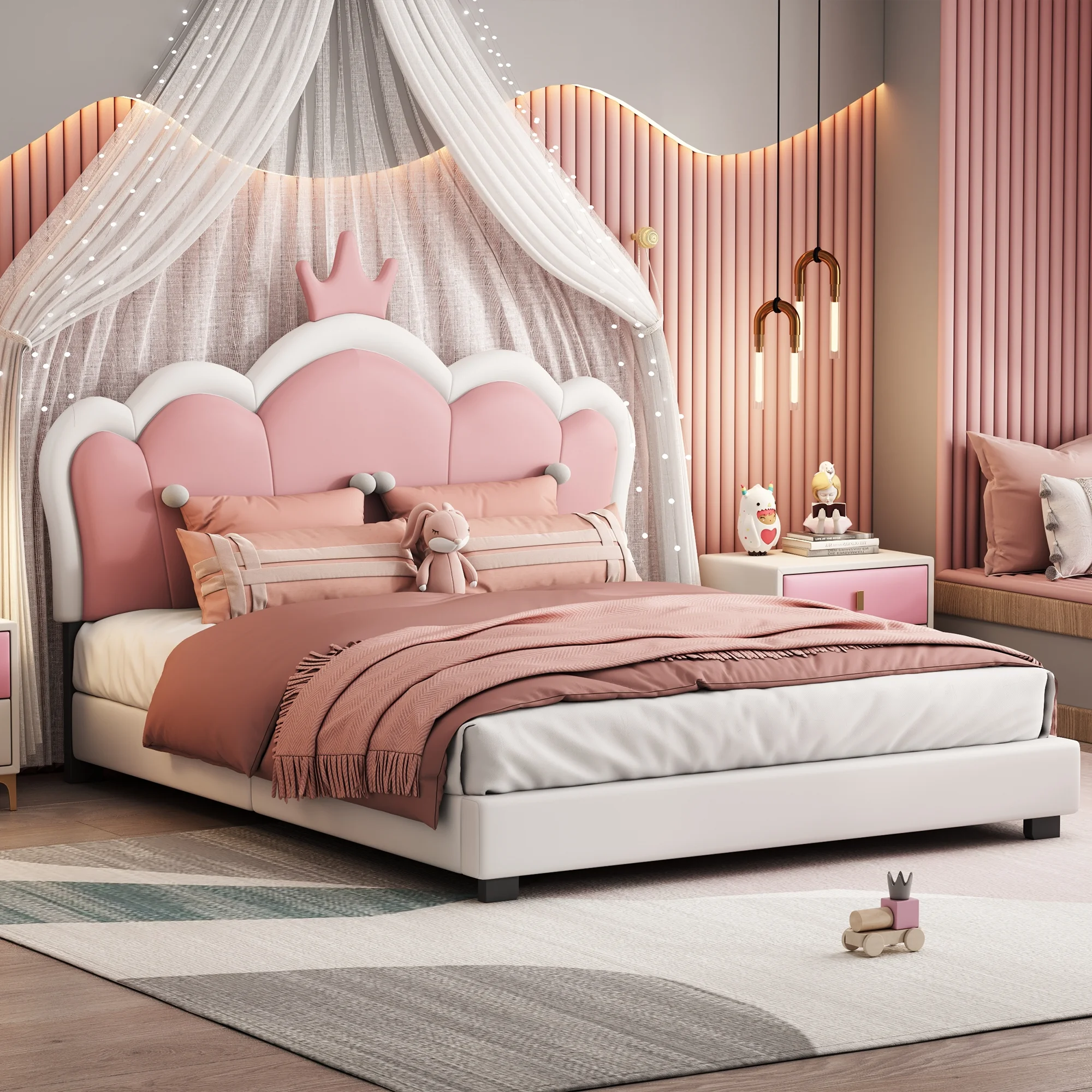 Churanty Full size Upholstered Princess Bed With Crown Headboard,Full Size Platform Bed with Headboard and Footboard, White+Pink