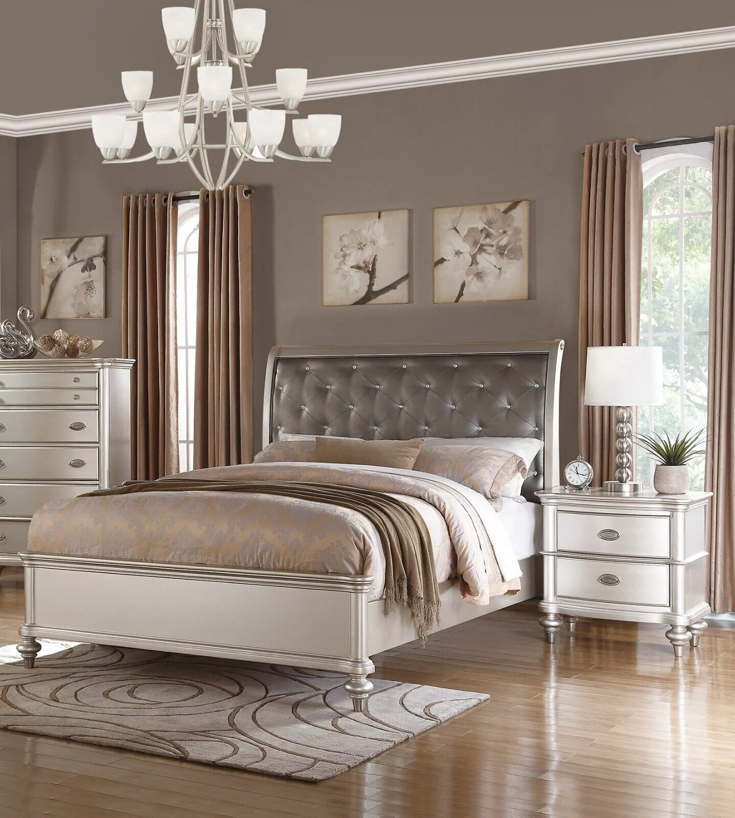 Traditional Look California King Size Bed 3pc Set Faux Leather Tufted Headboard Nightstand Silver Finish Bedroom Furniture