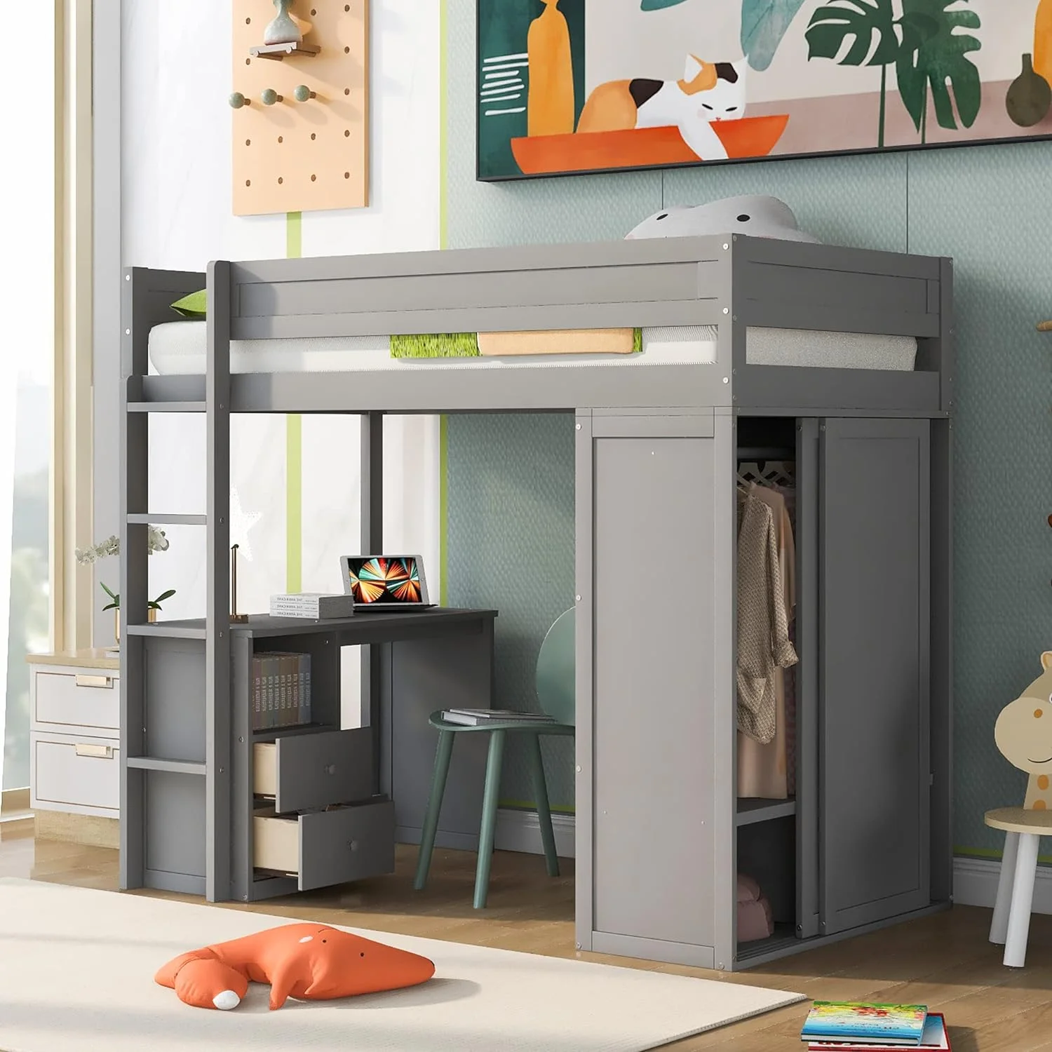 Loft Bed With Storage Wardrobe Ad Desk Woode Loft Beds Frame With Drawers Ad Cabiet Wood High Loft Beds With Ladder For Kids Tees, Size, Gray
