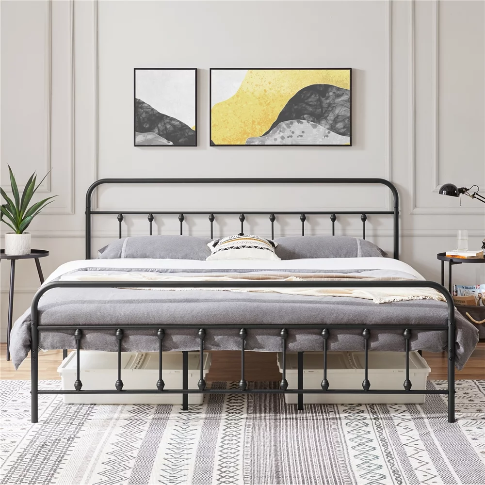 Yaheetech Classic Iron Platform Bed with High Headboard and Footboard, California king, Black