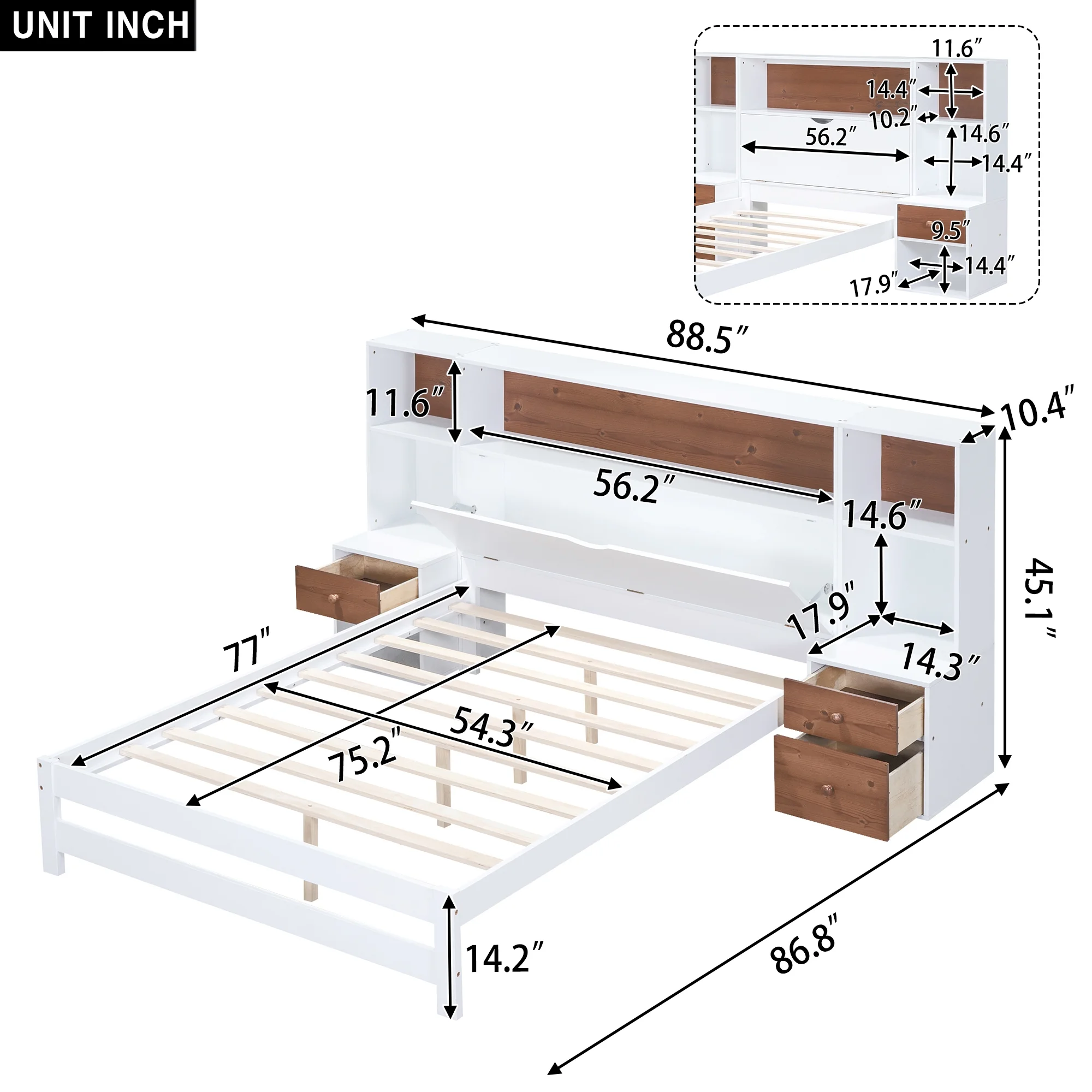 Dawn Whisper Full Size Platform Bed with Storage Headboard and Drawers, White