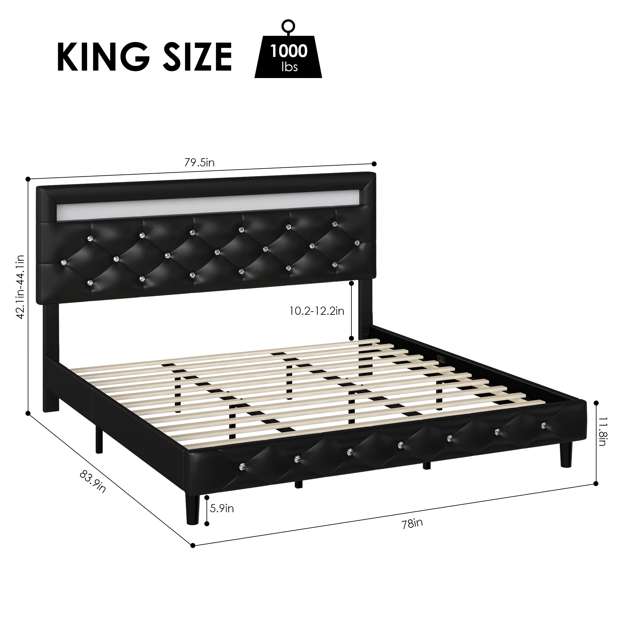Homfa King Size LED Bed, PU Crystal Buckle Upholstered Platform Bed Frame with Adjustable Headboard, Black