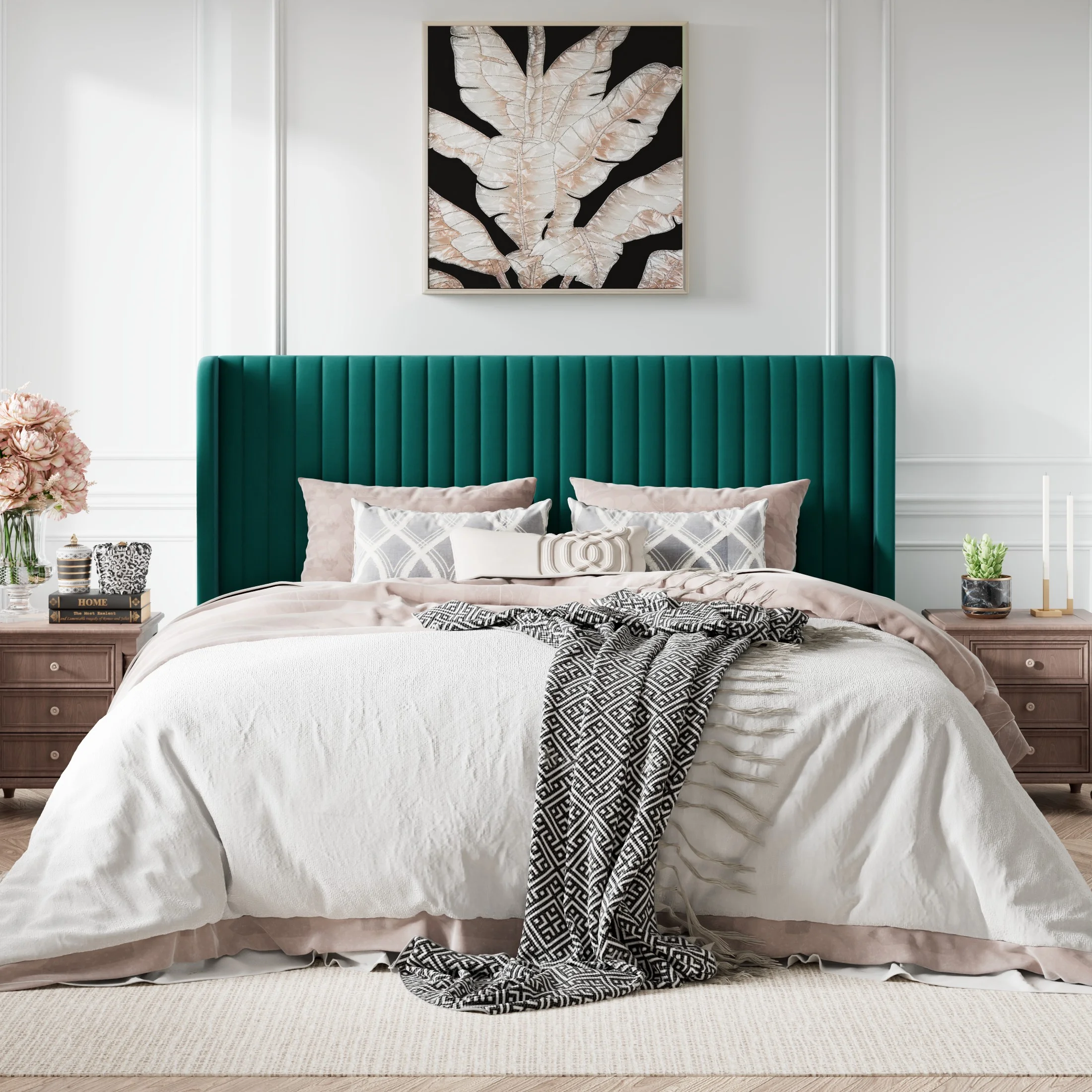 Amolife King Size Velvet Vertical Stripe Upholstered Bed Frame with Wingback Headboard, Lake Blue