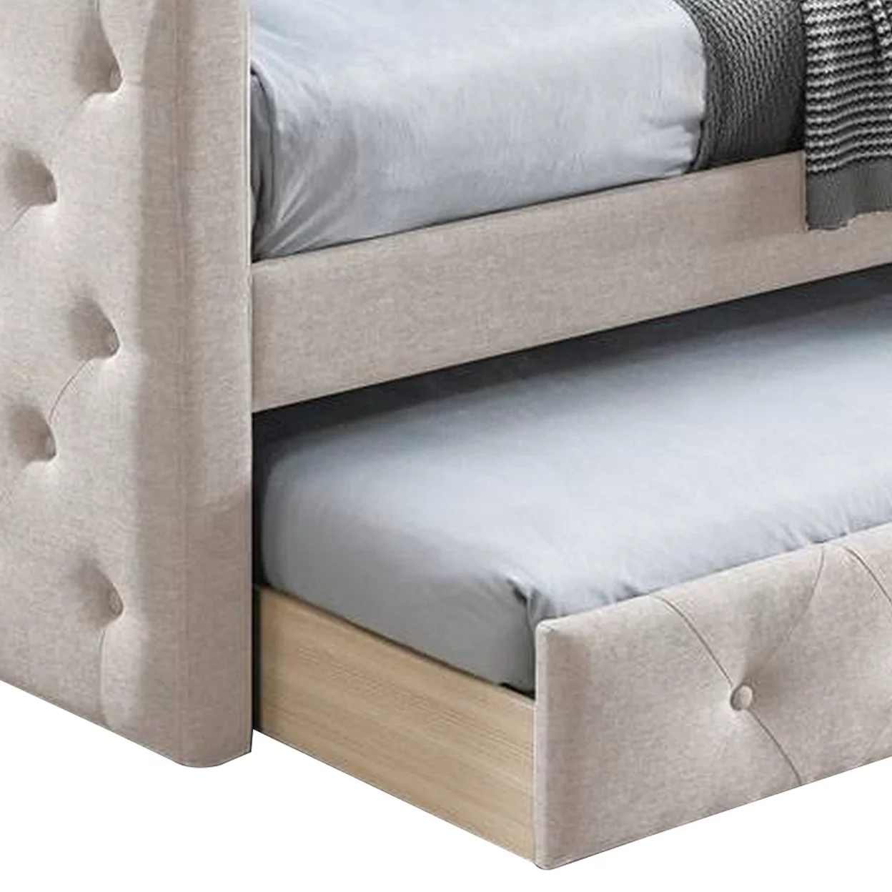Edra Classic Upholstered Day Bed with Trundle, Button Tufted, Taupe Burlap- Saltoro Sherpi