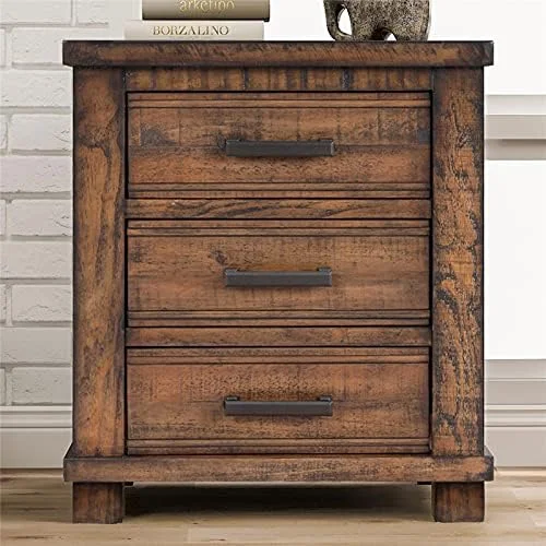 RUNFAYBIU 3-Drawer Wood Cabinet Solid Wood Farmhouse Nightstand Fully Assembled Nightstand Drawer Chest Solid Wood for Bedroom Living Room Rustic Brown