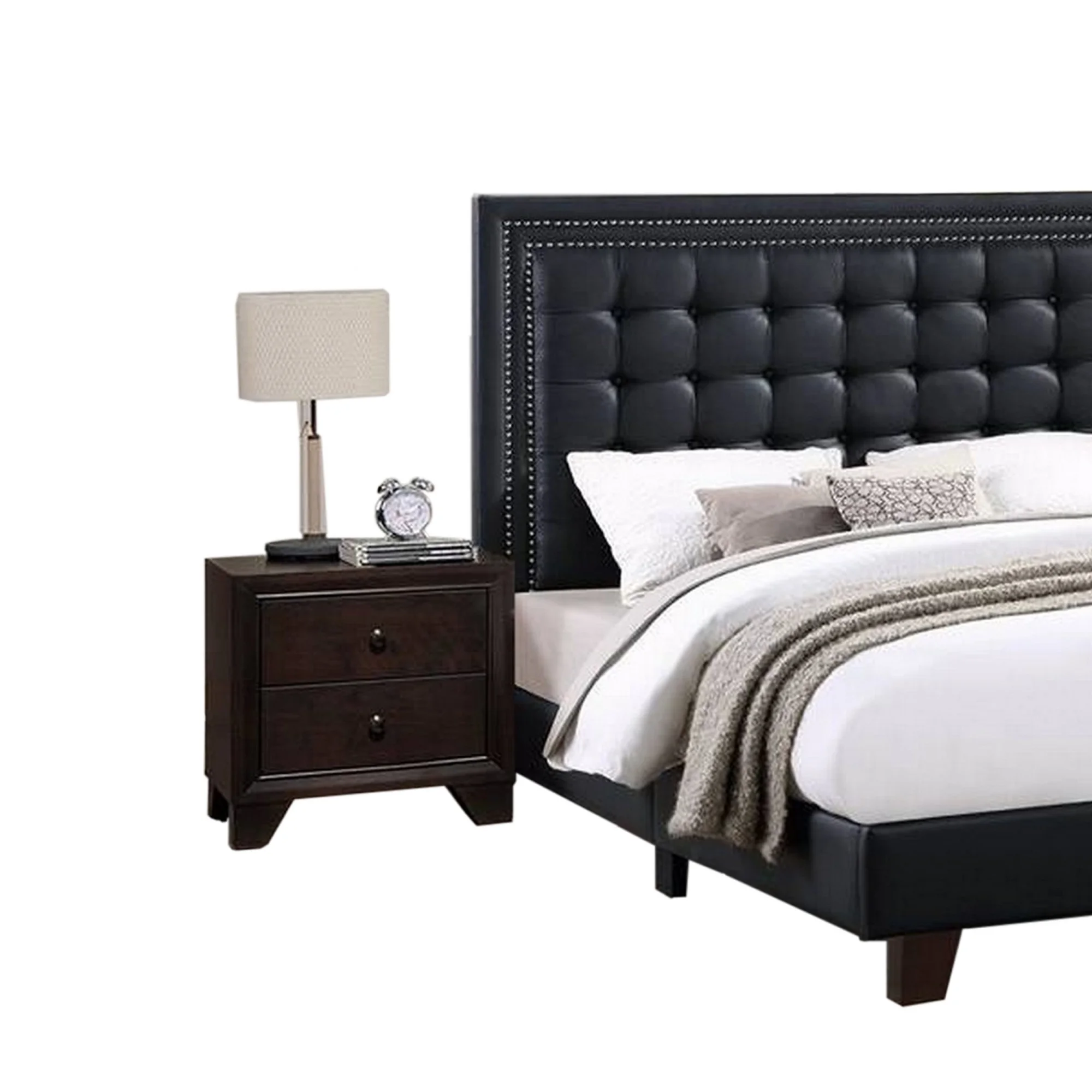 Benjara Vea Platform California King Bed, Tufted Upholstery, Black Faux Leather