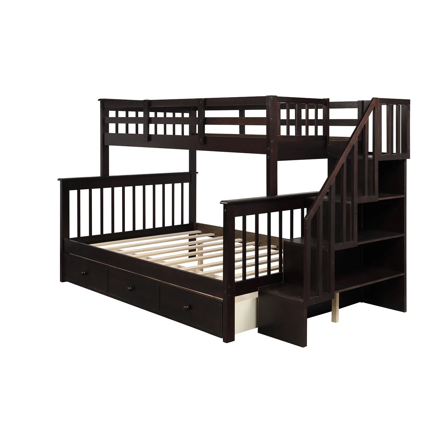 Stairway Bunk Beds Twin Over Full with Drawer, Storage and Guard Rail Twin Over Full Bunk Bed Frame for Kids