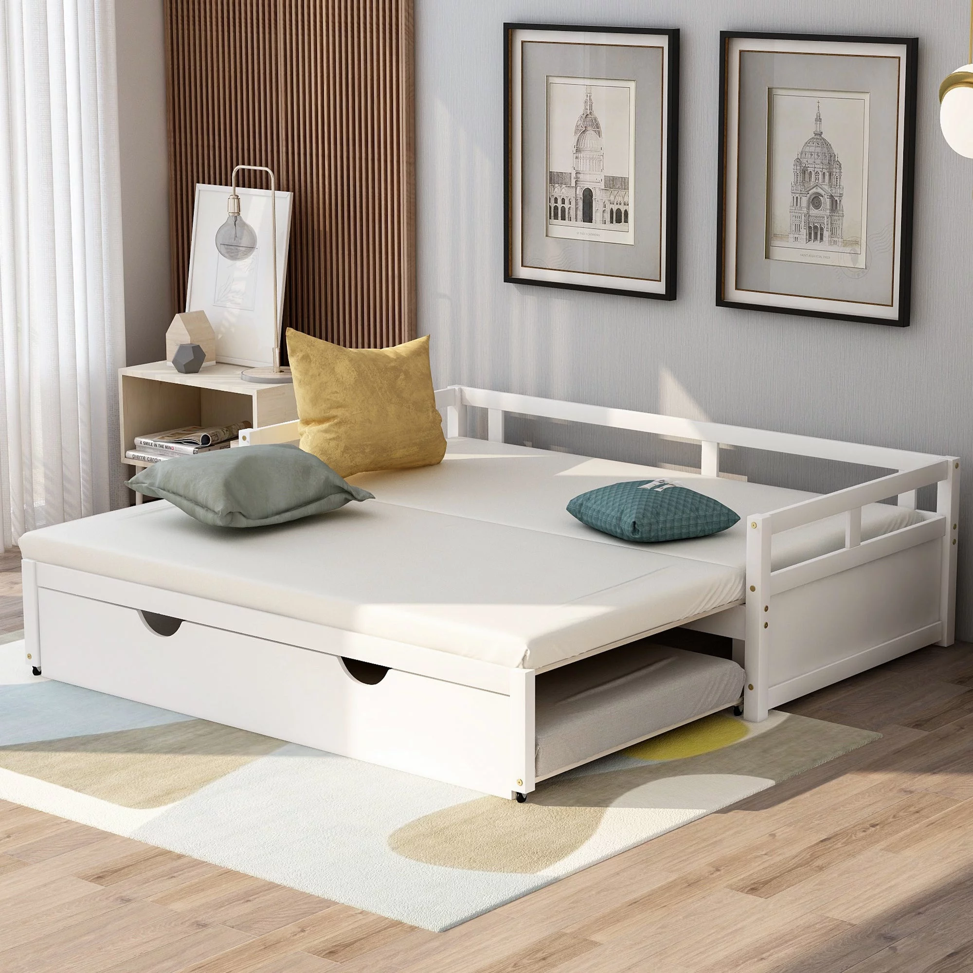Momei Extending Daybed with Trundle, Wooden Daybed with Trundle Grey