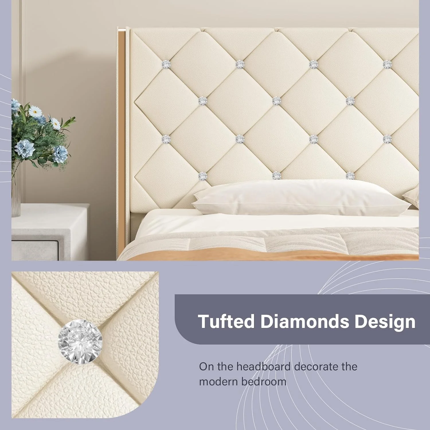 Catrimown Queen Bed Frame, Upholstered Platform Queen Bed Frame with Headboard for Bedroom, No Box Spring Needed, Beige