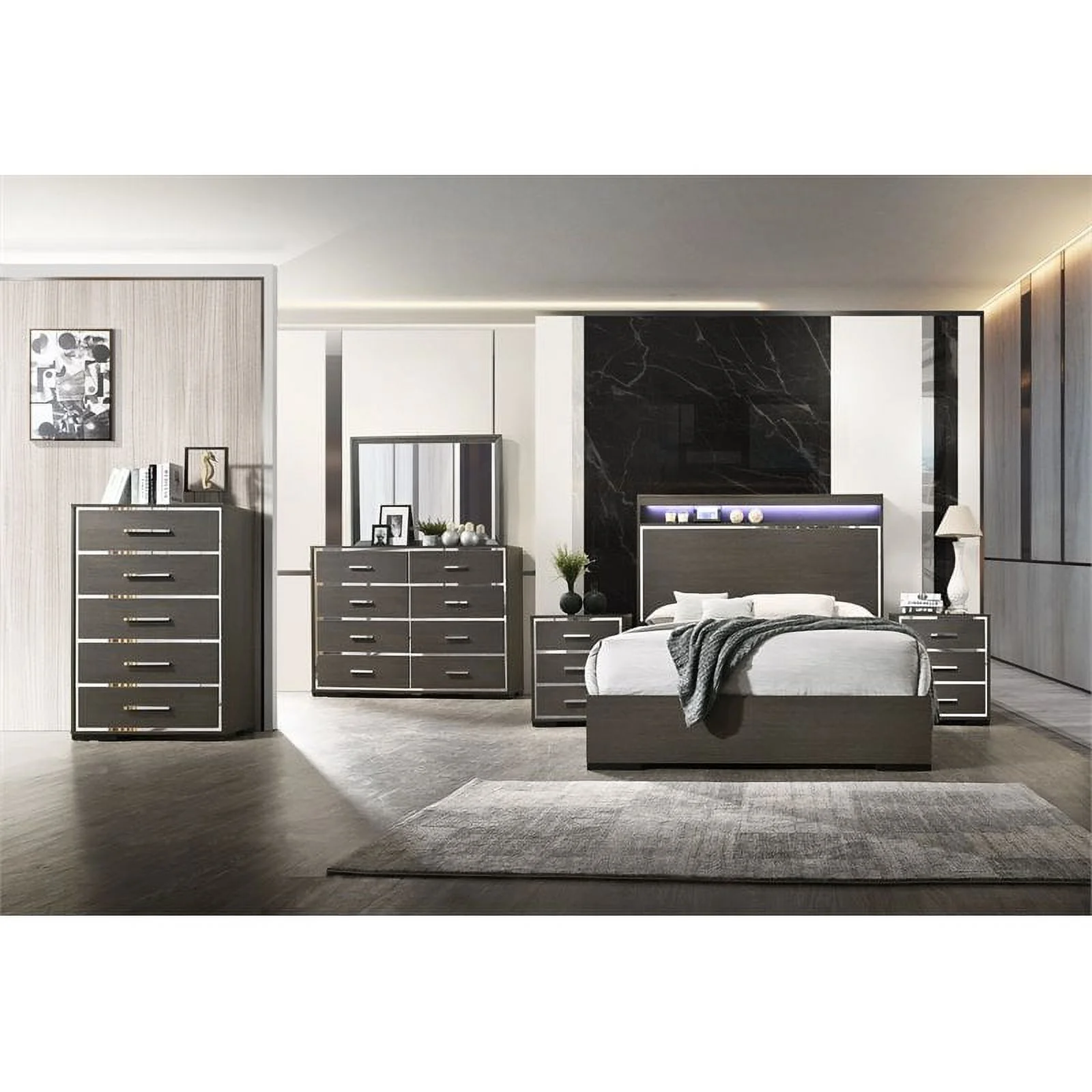 Bowery Hill Modern Queen Bed in LED & Gray Oak