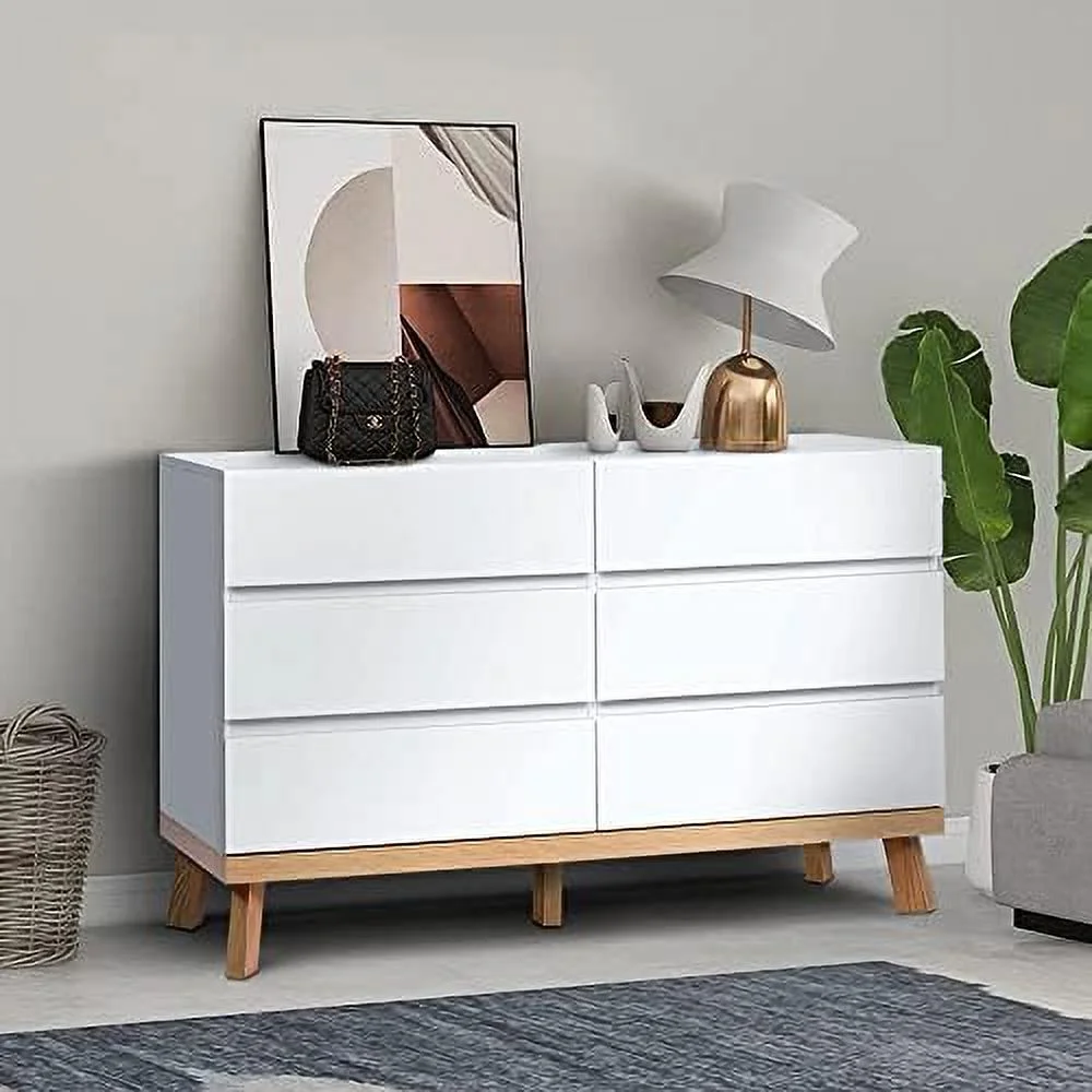 White Dresser for Bedroom 6 Drawer Double Dresser Chest of Drawers Large Cabinet White Dresser for Bedroom Living Room Hallway (White)