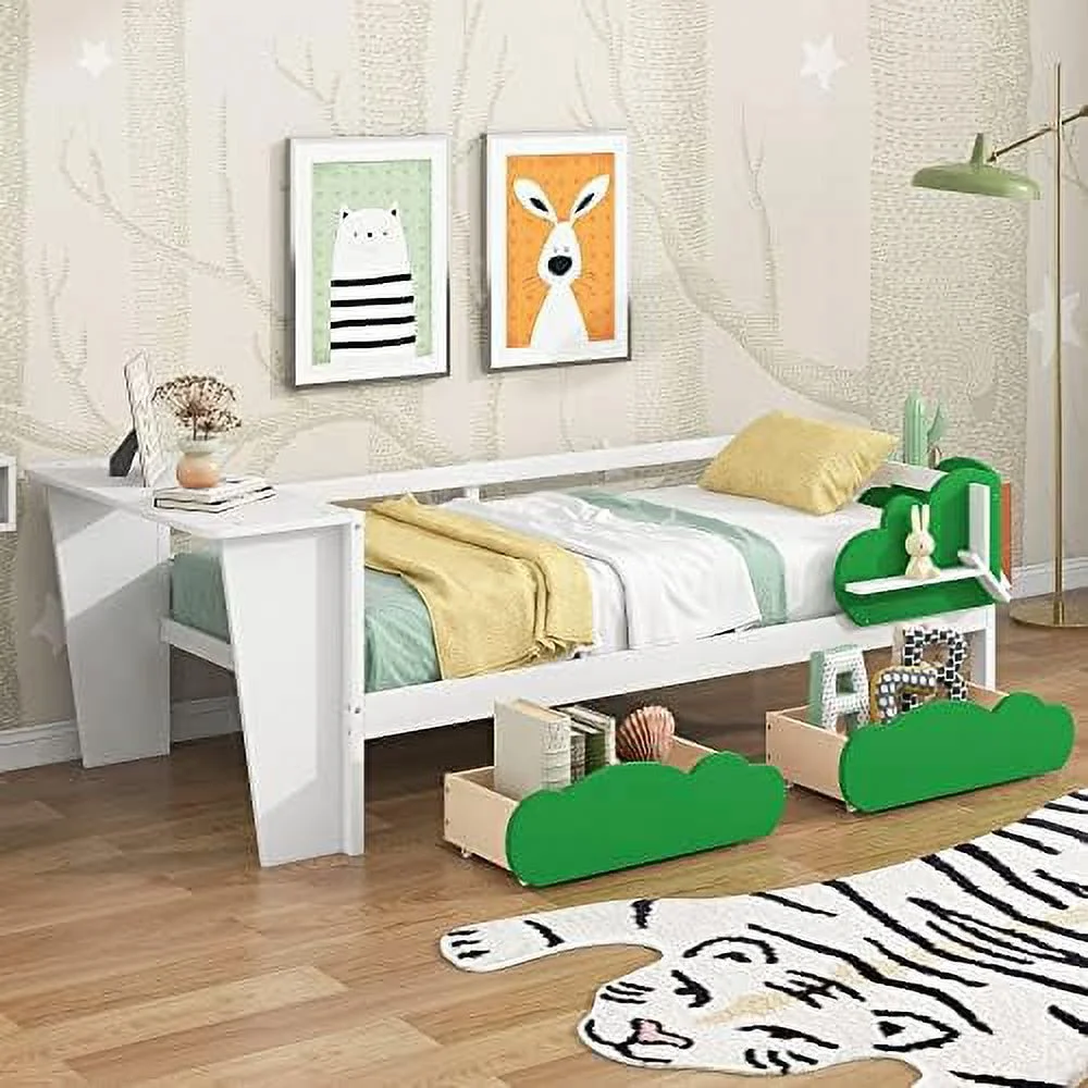TJUNBOLIFE Harper & Bright Designs Twin Size Daybed with 2  Drawers and Desk Wood  Twin Bed Frame Green Leaf Shape Shelves Twin Sofa for Girls Boys No Spring Box Required White White