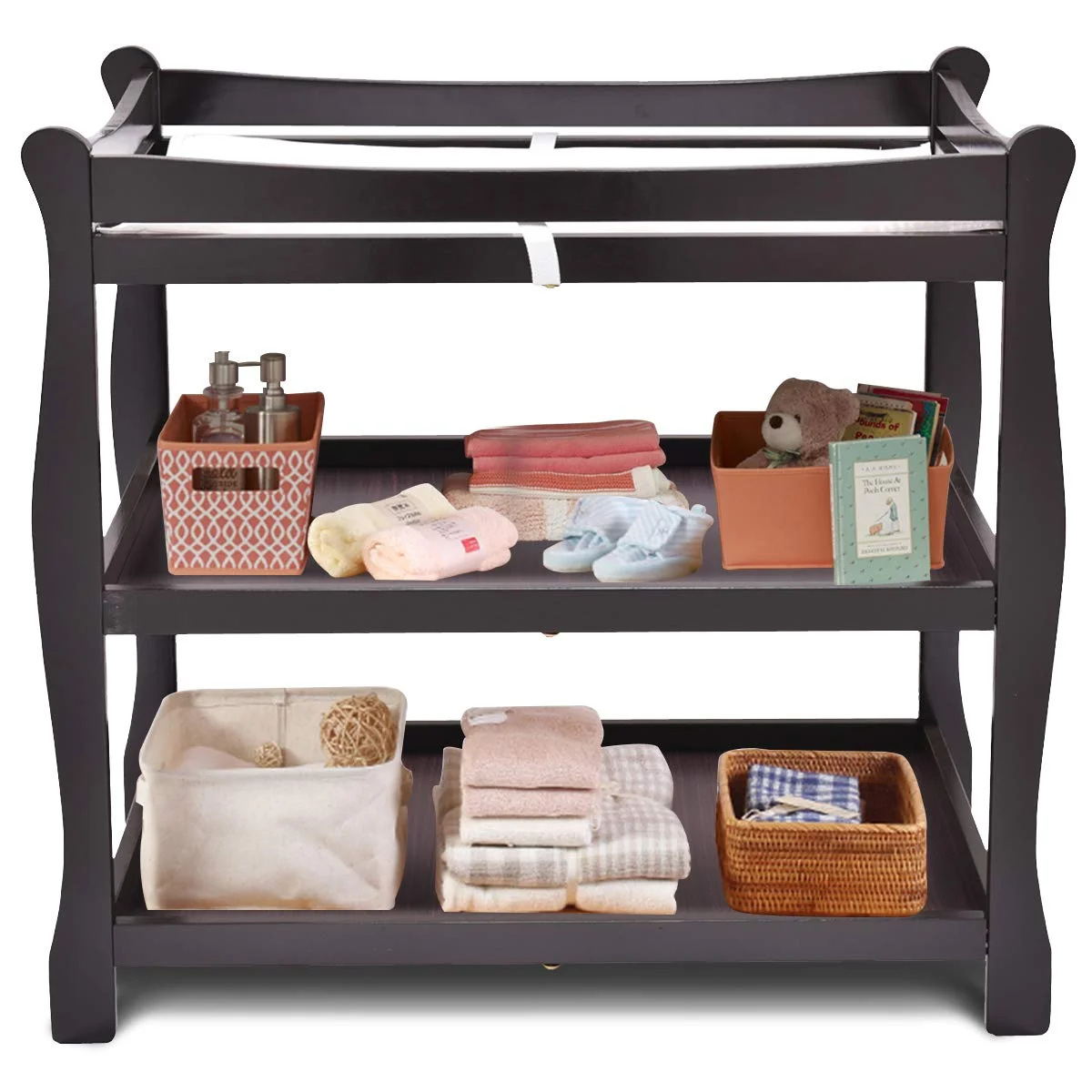 Baby Changing Table, Infant Diaper Changing Table Organization, Newborn Nursery Station with Pad, Sleigh Style Nursery Dresser Changing Table with Hamper/ 2 Fixed Shelves (Espresso)