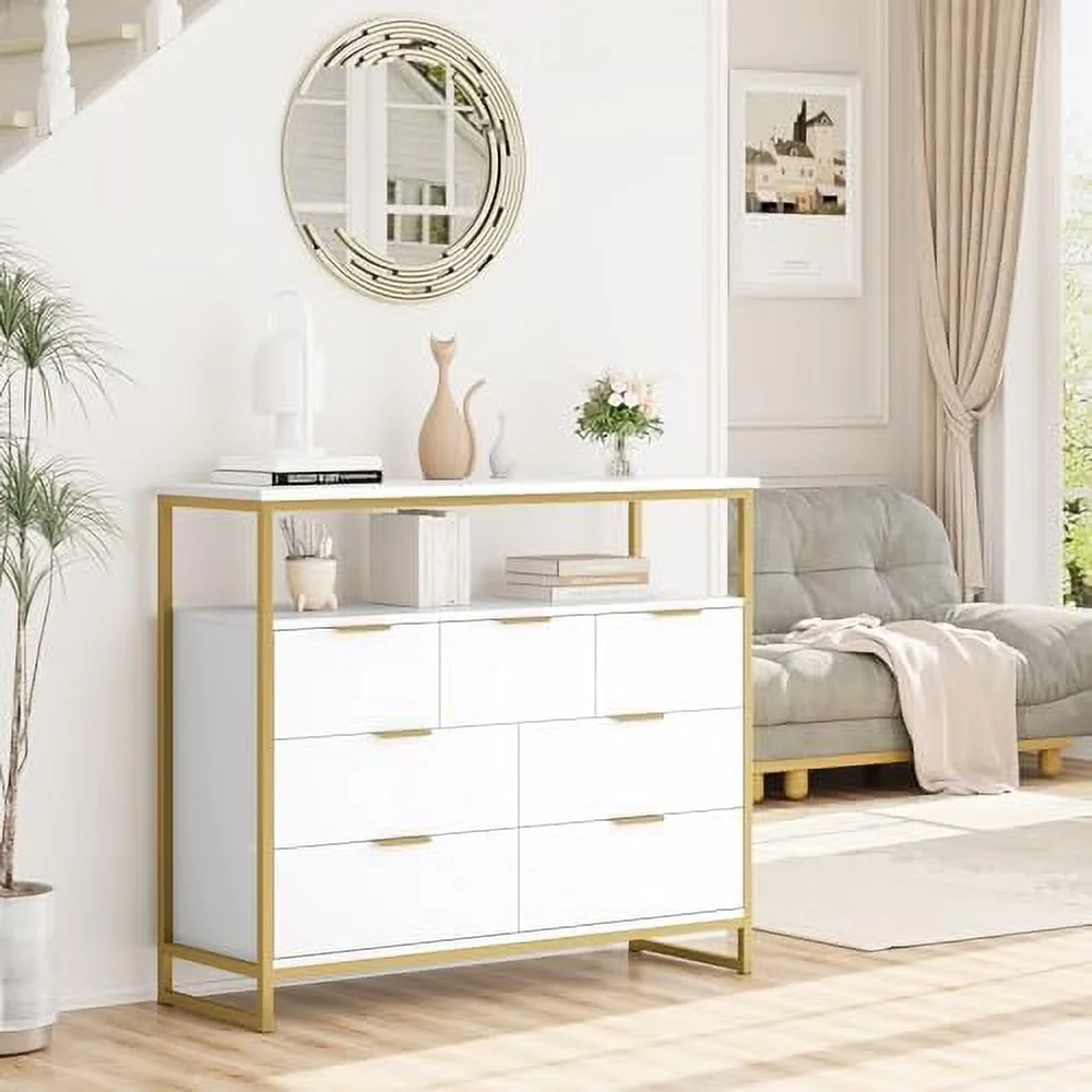 HBBOOMLIFE 7 Drawer Dresser  Black Dresser  Wide Dresser Chest of Drawers  Modern Dresser with Metal Handles  Large Capacity Chest  Organizer for Living Room  Entryway  Hallway  White