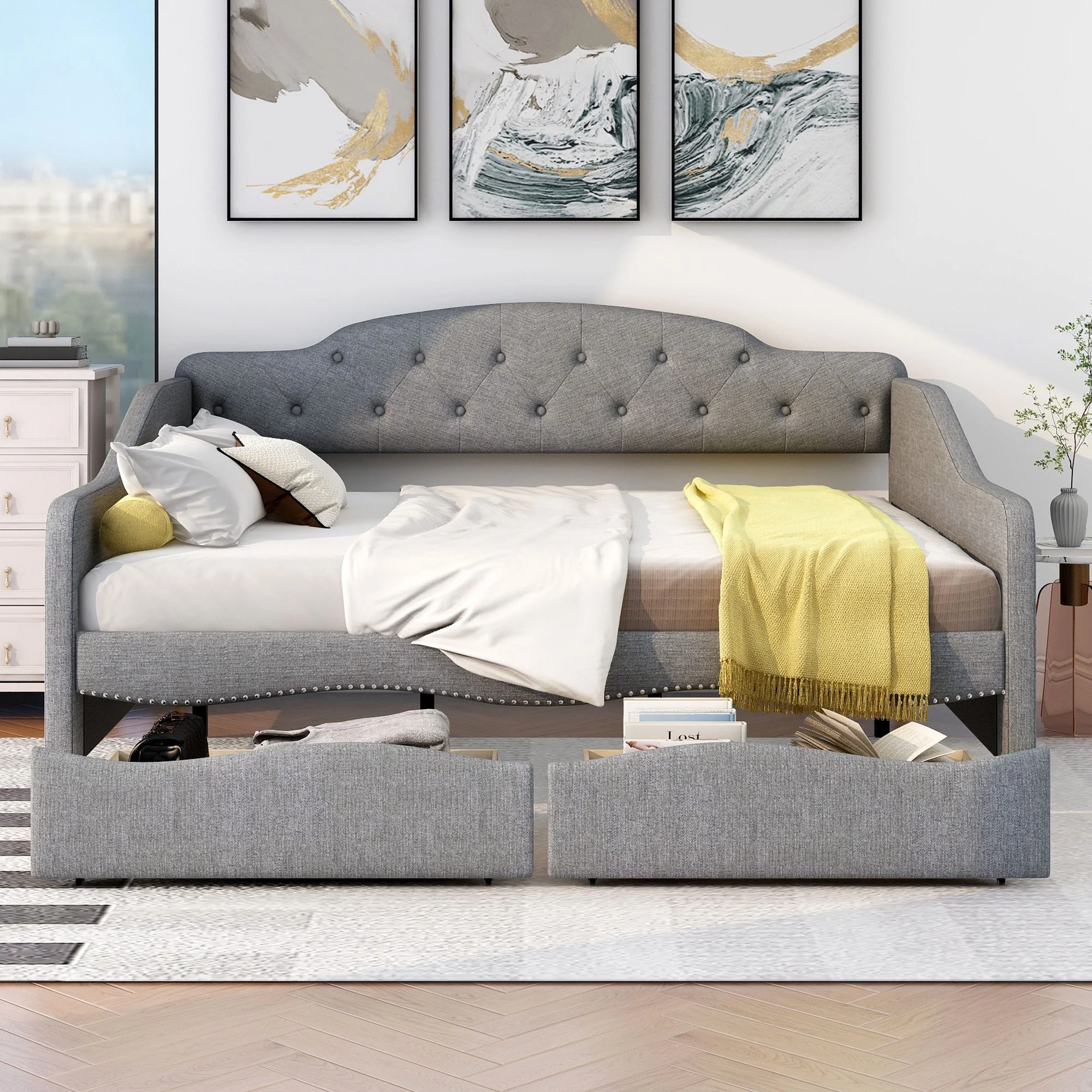 Vintage Upholstered Full Size Daybed with Button Tufted Backrest, Day Bed for Office/Living Room/Bedroom, Sturdy Slats Support Wooden Sofa Bed with Two Storage Drawers