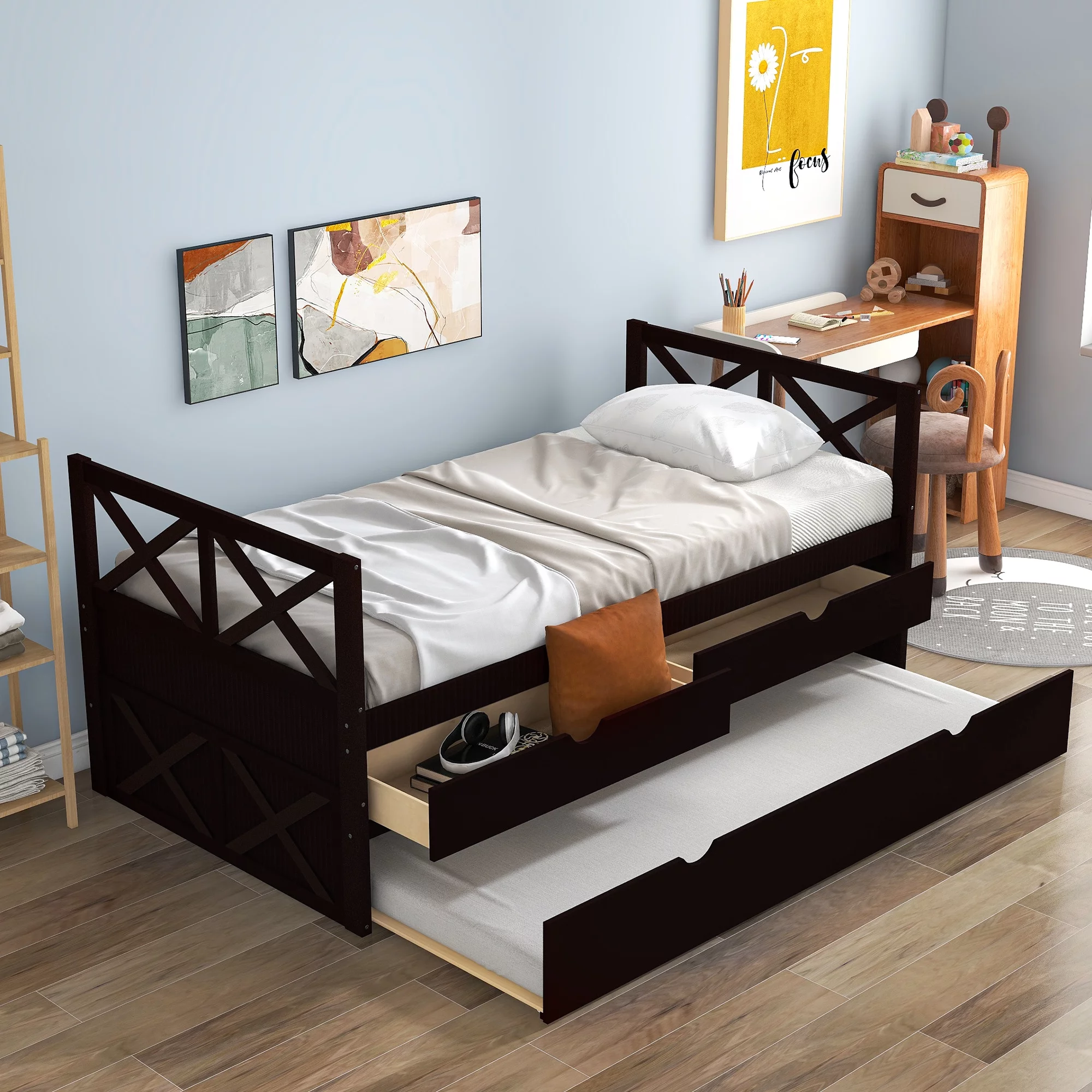 Euroco Classic Pine Wood with Trundle Daybed, Twin for Kids Bedroom, Espresso