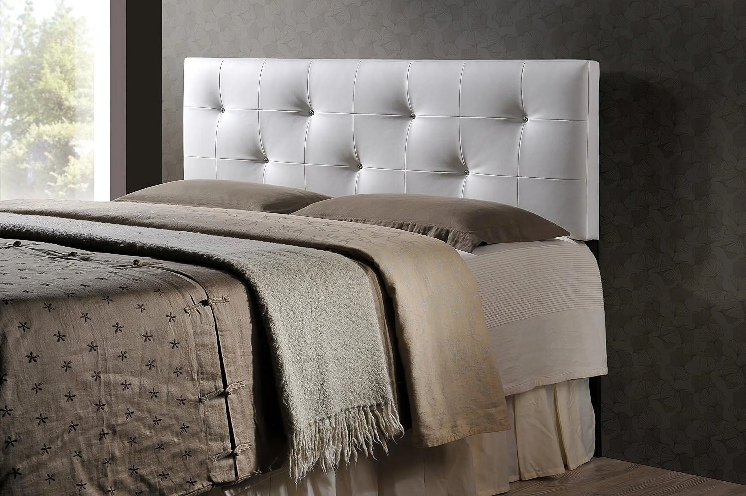 Dalini Modern And Contemporary Queen White Faux Leather Headboard With Faux Crystal Buttons