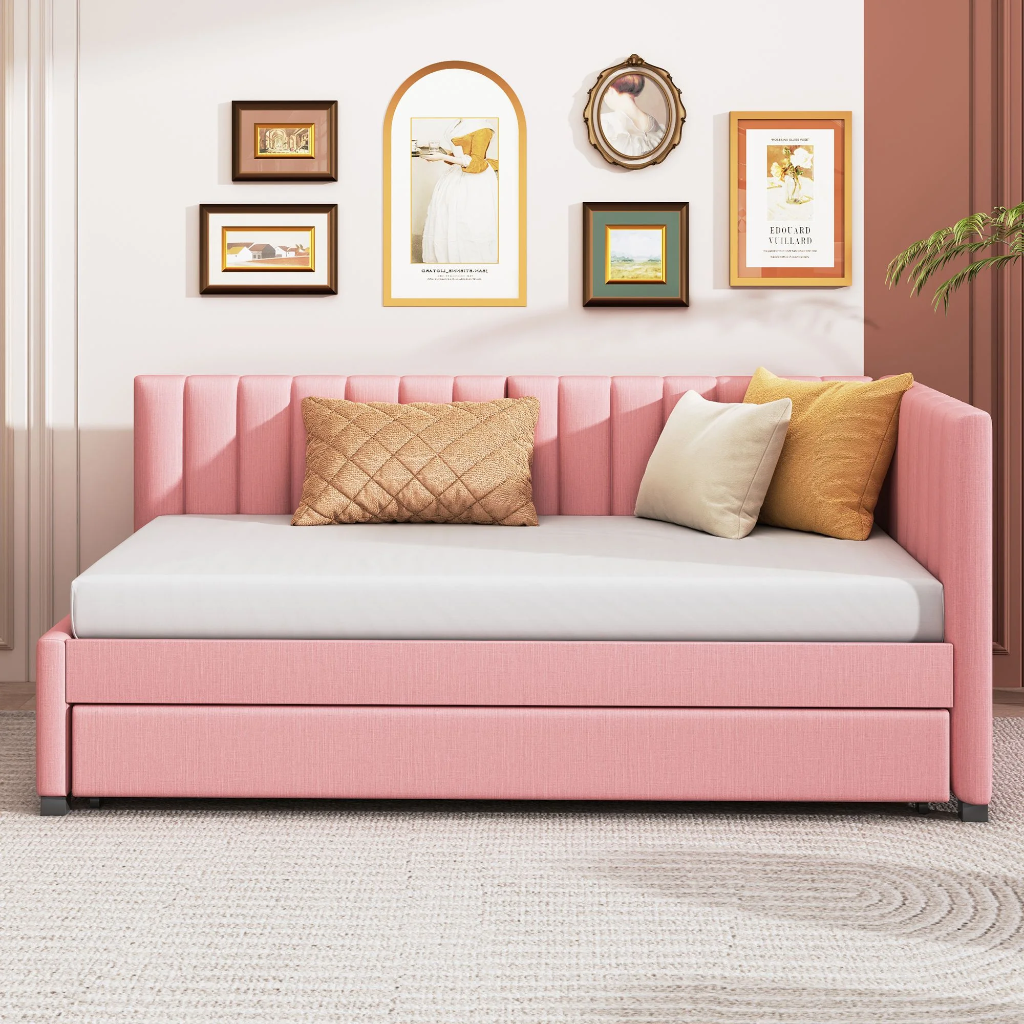 Elegant Design Upholstered Twin Size Daybed with Trundle, Linen Fabric Day Bed for Office/Living Room/Bedroom, Sturdy Slats Support Wooden Sofa Bed for Teens Adults