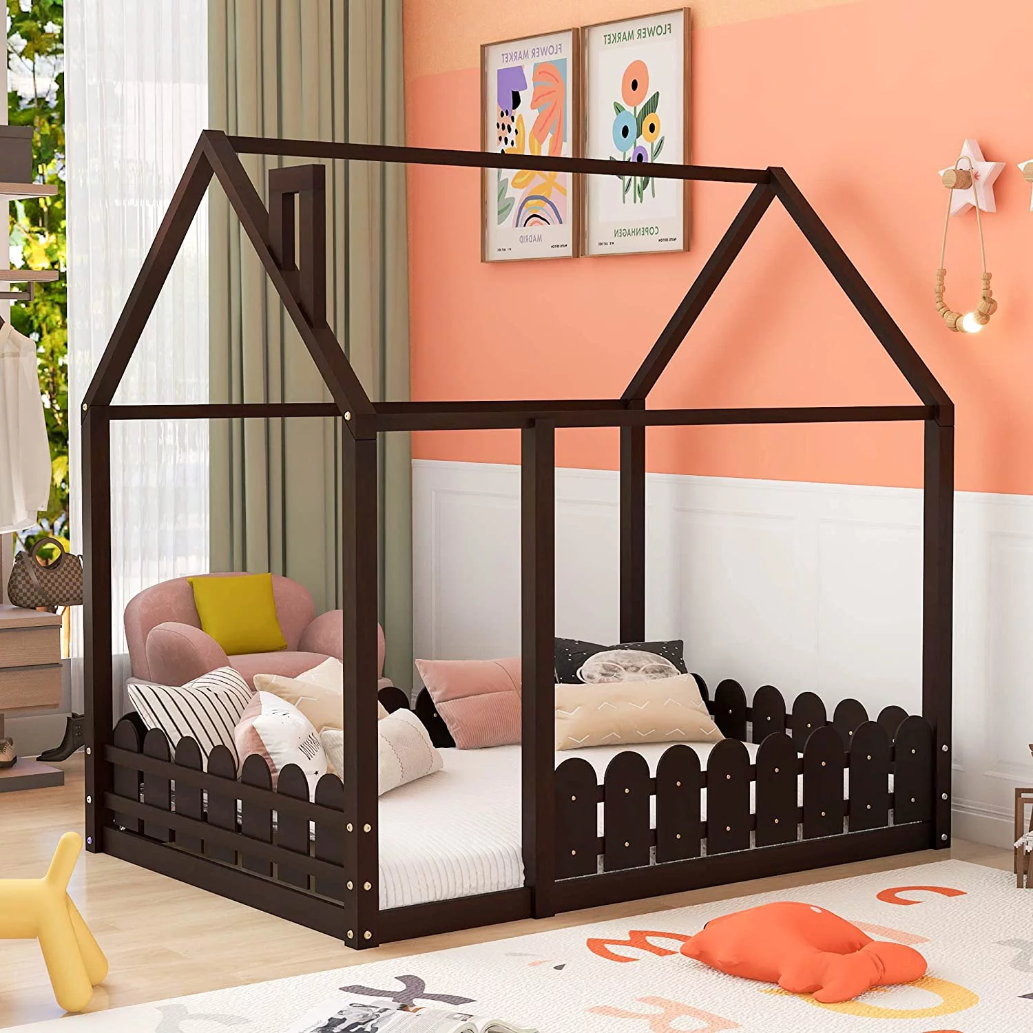 Full Size House Bed for Kids, Montessori Bed Full Size Platform Bed Frame with Fence-Shaped Guardrails, Solid Wood Cabin Bed for Kids, Teens, Girls & Boys